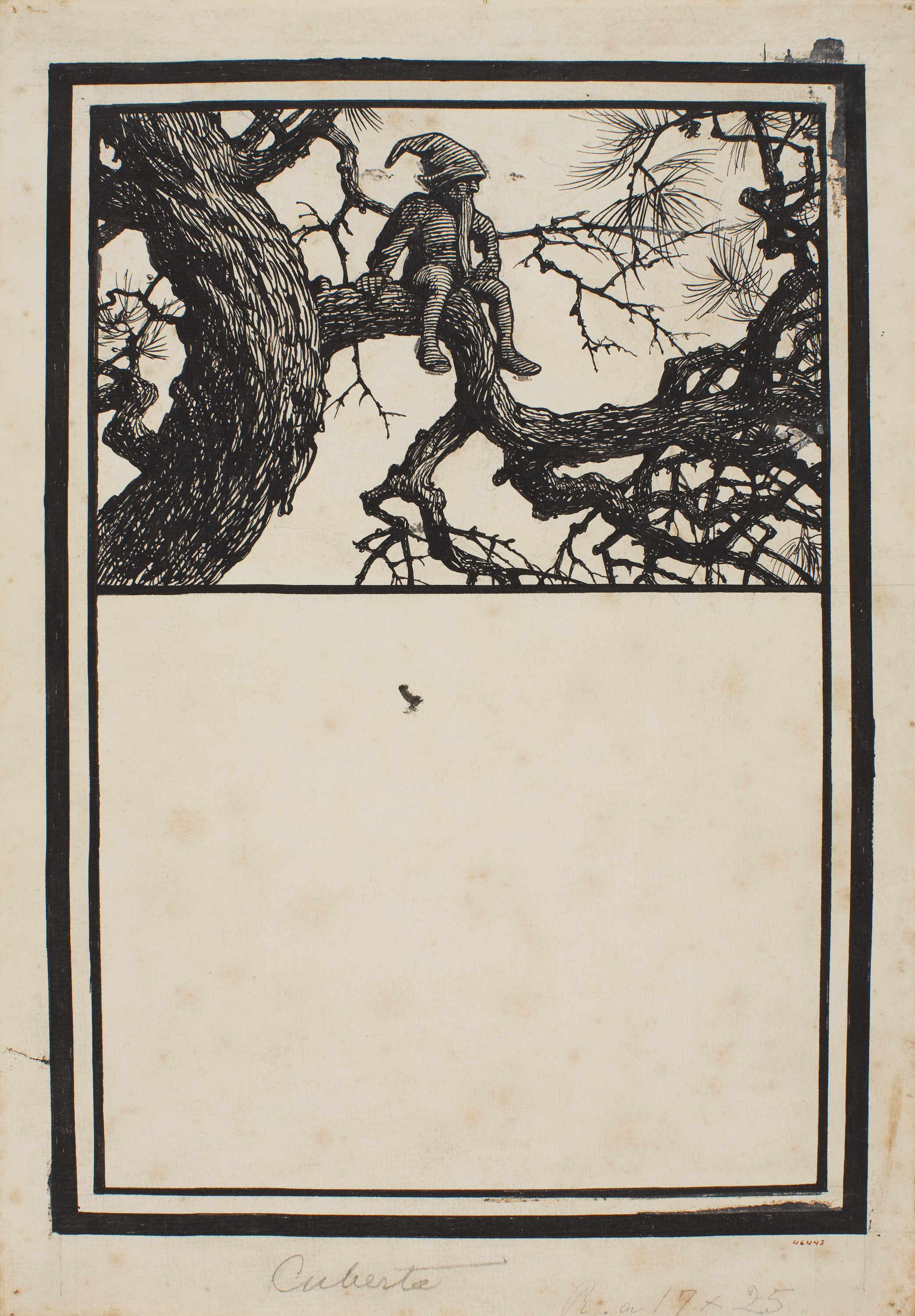 image for: Apel·les Mestres - Gnom assegut dalt la branca d'un arbre. Portada per al poema «Liliana» d'Apel·les Mestres - Cap a 1907