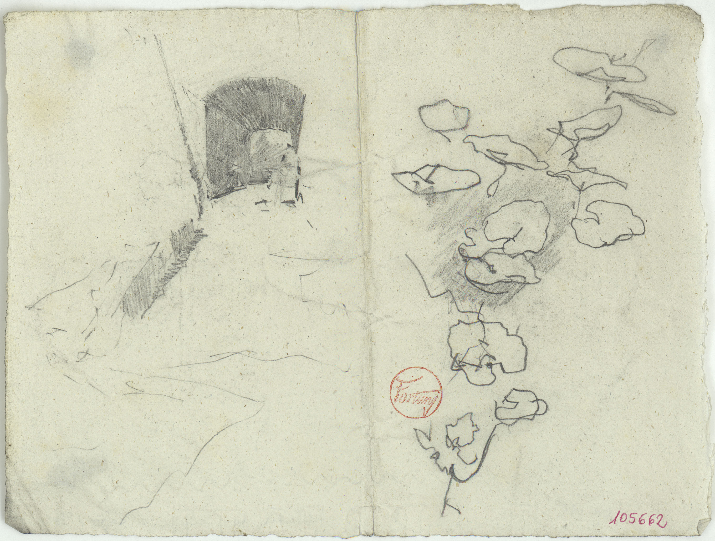 image for: Marià Fortuny - Passadís i croquis de fulles - Cap a 1870-1872