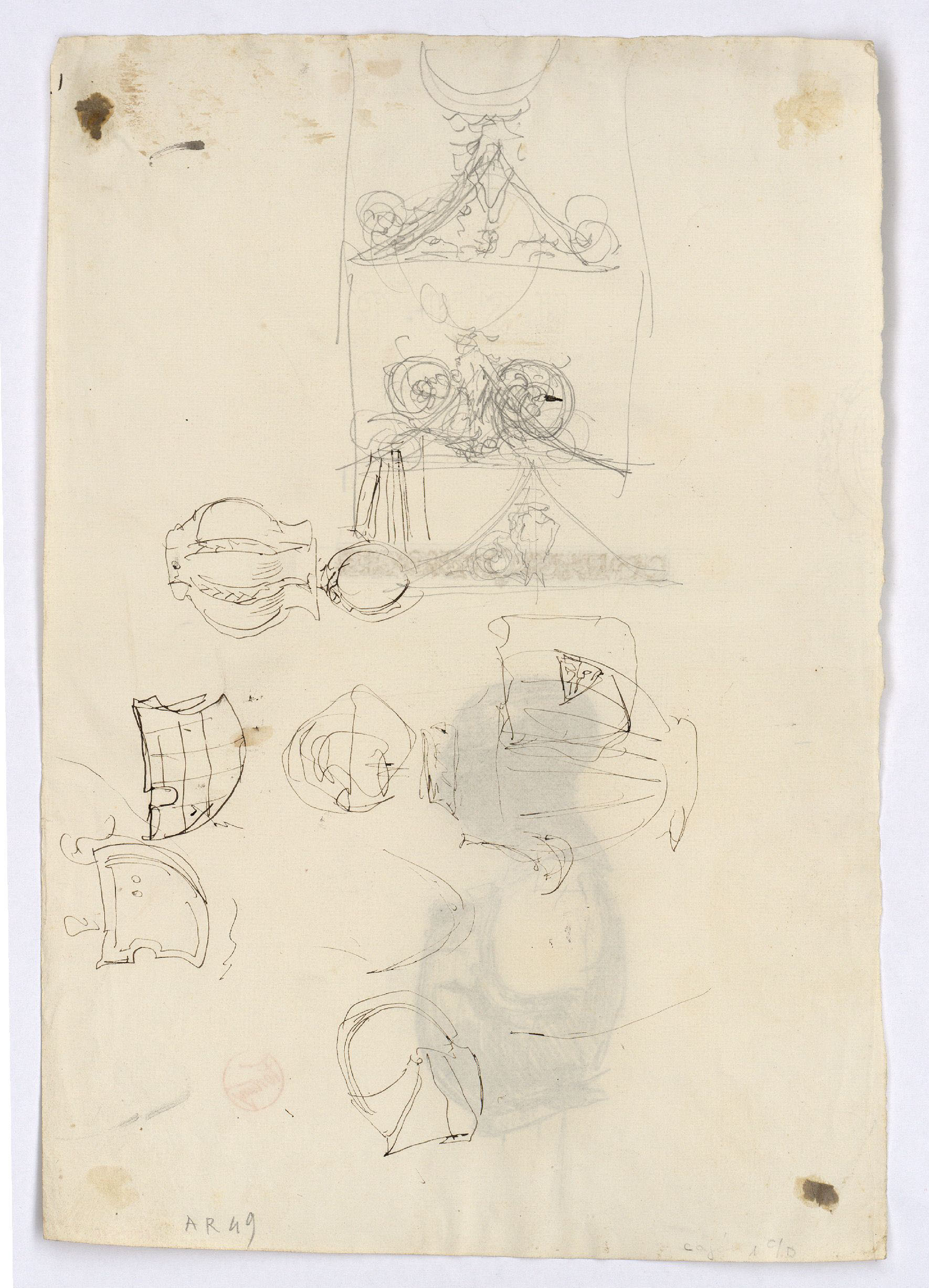 image for: Marià Fortuny - Armadura i sanefa decorativa (anvers) / Croquis de cascs, escuts i altres (revers) - Cap a 1867-1872 [1]