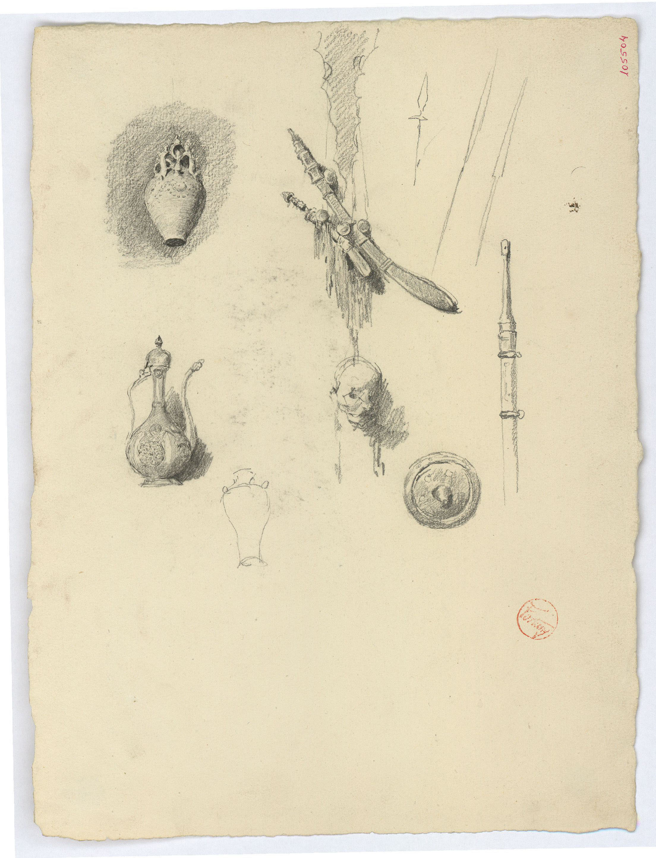 image for: Marià Fortuny - Càntir, setrill, escut, puntes de llança i altres armes - Cap a 1870-1872