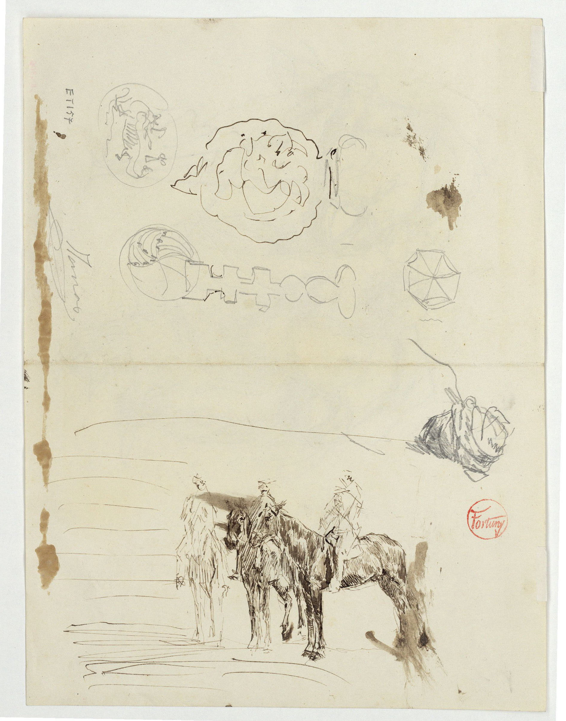 image for: Marià Fortuny - Estudi per al quadre «L'esmolador de sabres» (anvers) / Croquis inconcrets, cap de marroquí i genets a cavall (revers) - Cap a 1872 [1]