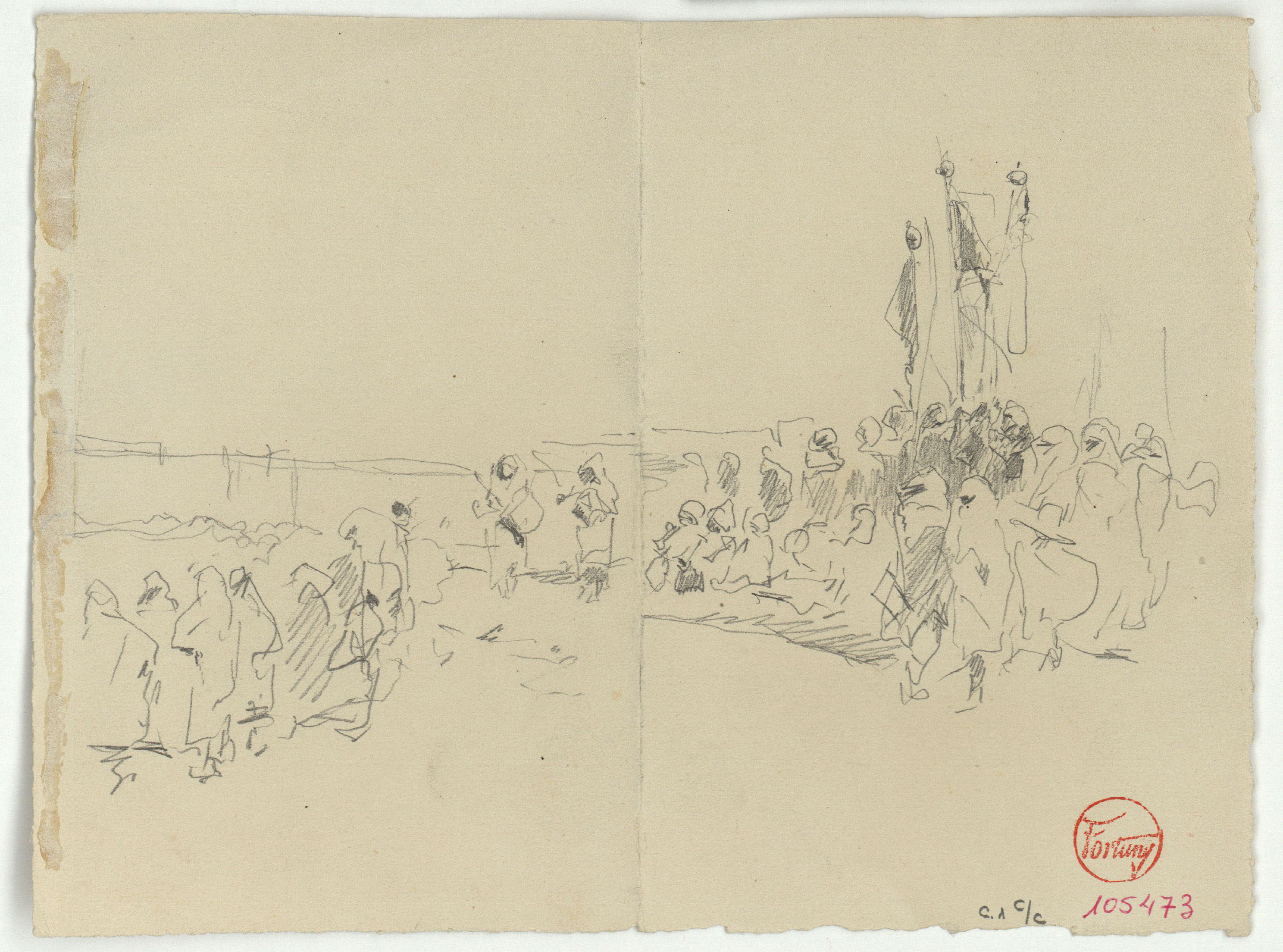 image for: Marià Fortuny - Celebració del Mulud o Pasqua del profeta al Gran soc de Tànger (anvers) / Estudi per al quadre «Ferrador marroquí» (revers) - 1862