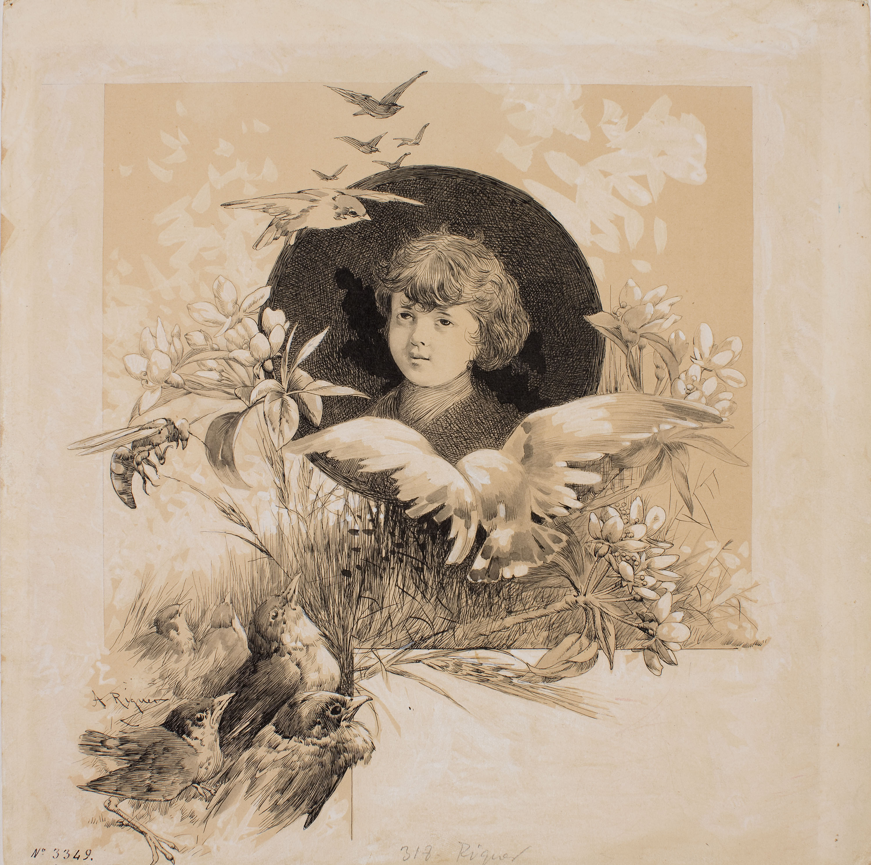 image for: Alexandre de Riquer - Retrat de nen entre aus i motius vegetals - Cap a 1890-1900