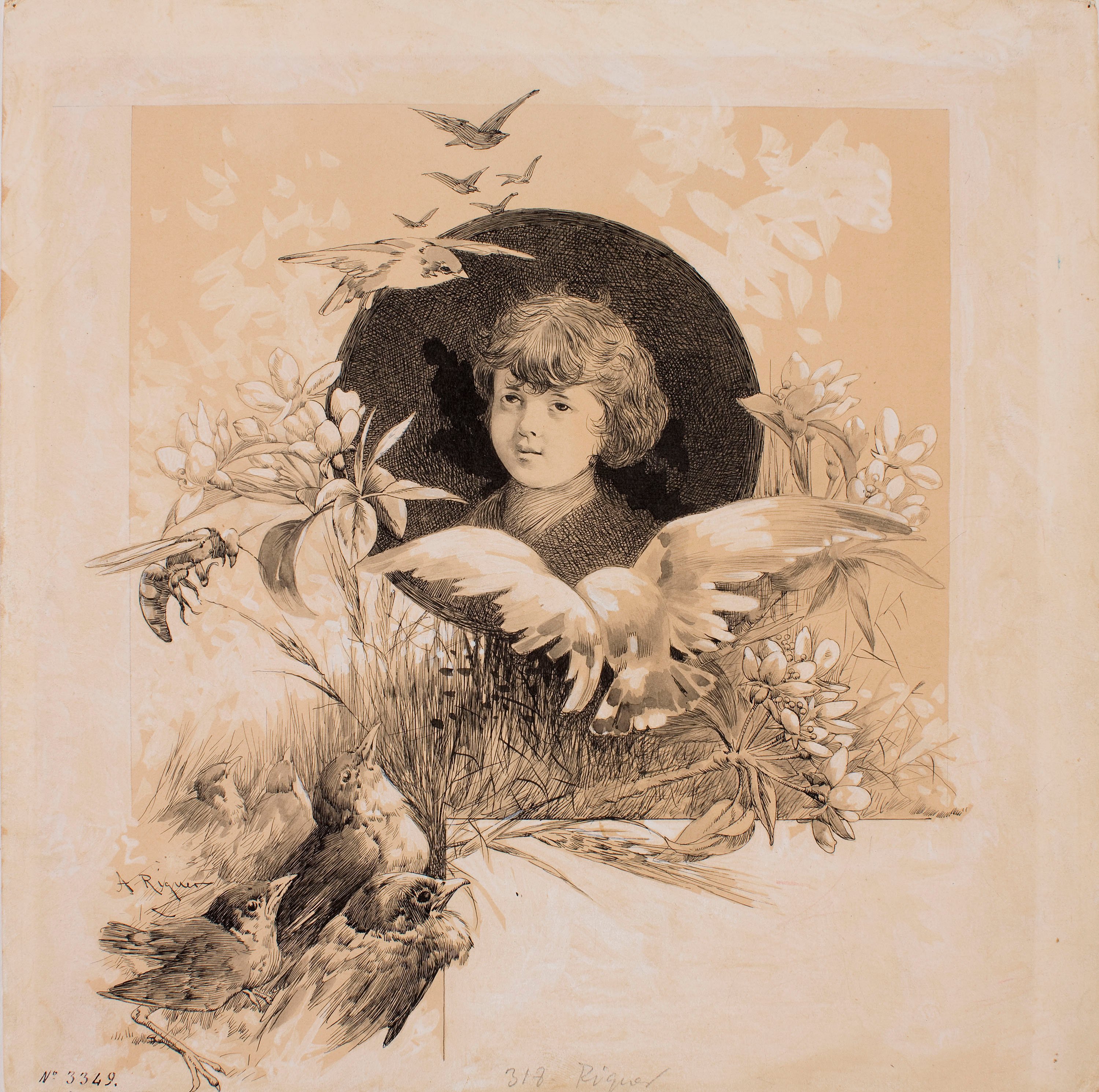 image for: Alexandre de Riquer - Retrat de nen entre aus i motius vegetals - Cap a 1890-1900