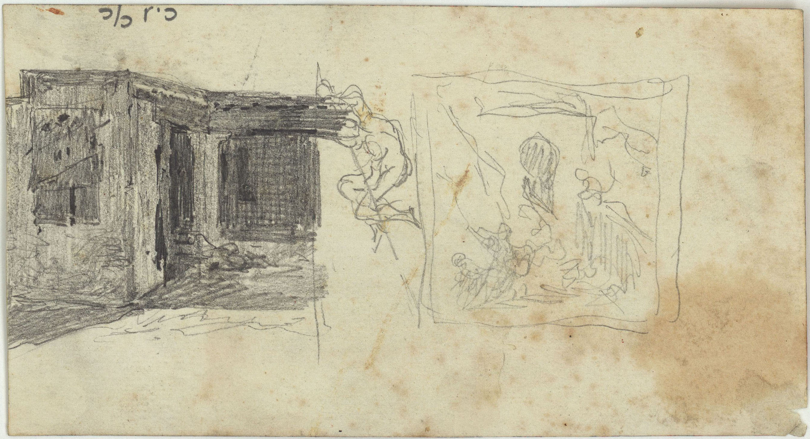 image for: Marià Fortuny - Caps de marroquins (anvers) / Casa marroquina, croquis de figura masculina i croquis inconcret (revers) - Cap a 1860-1862 [1]