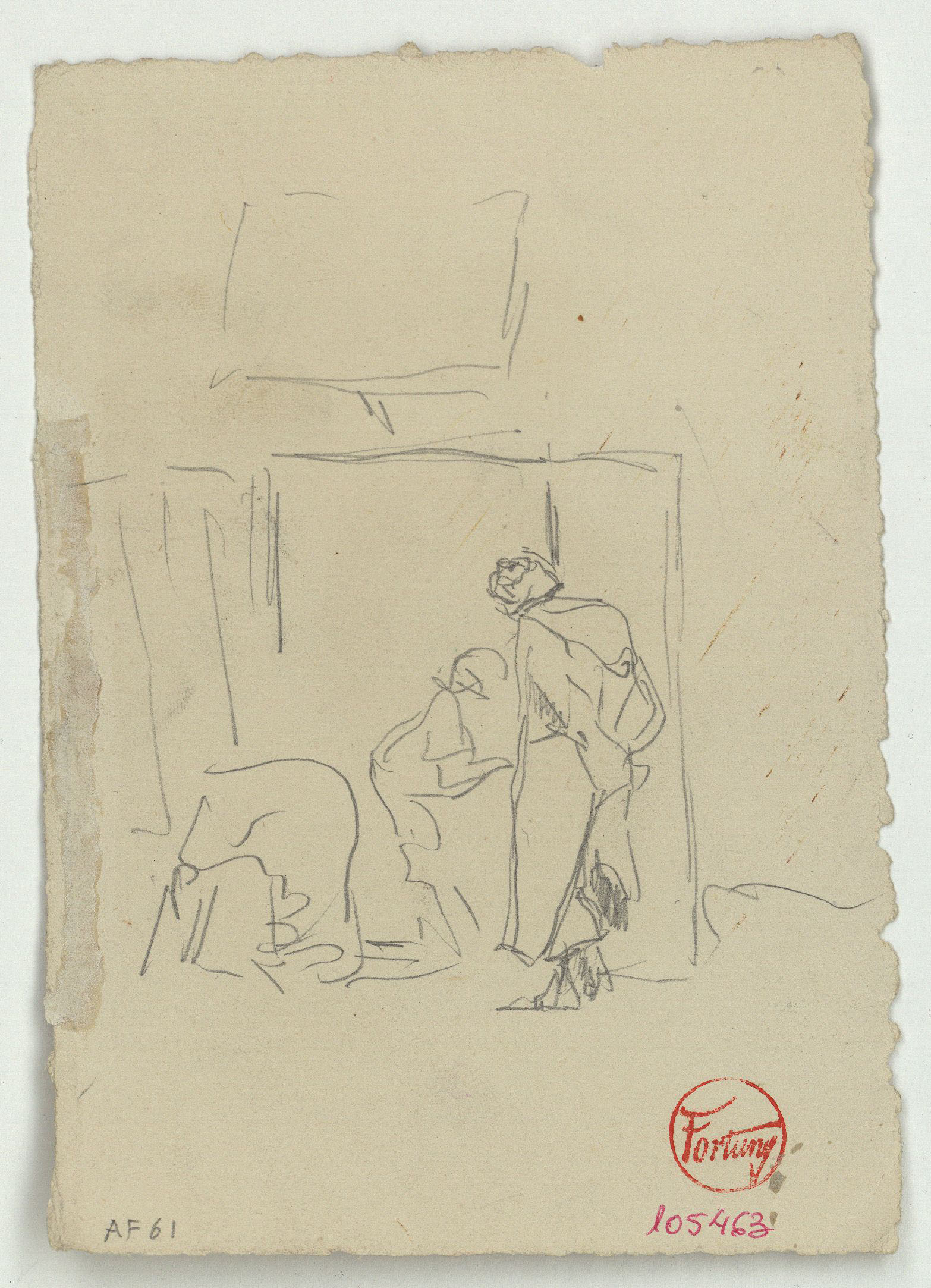 image for: Marià Fortuny - Estudi per a l'aquarel·la «El venedor de tapissos» (anvers) / Croquis de marroquins (revers) - Cap a 1870