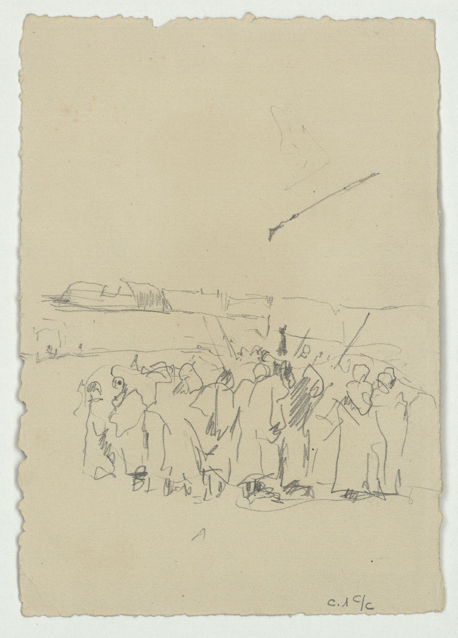 image for: Marià Fortuny - Estudi per a l'aquarel·la «El venedor de tapissos» (anvers) / Croquis de marroquins (revers) - Cap a 1870 [1]