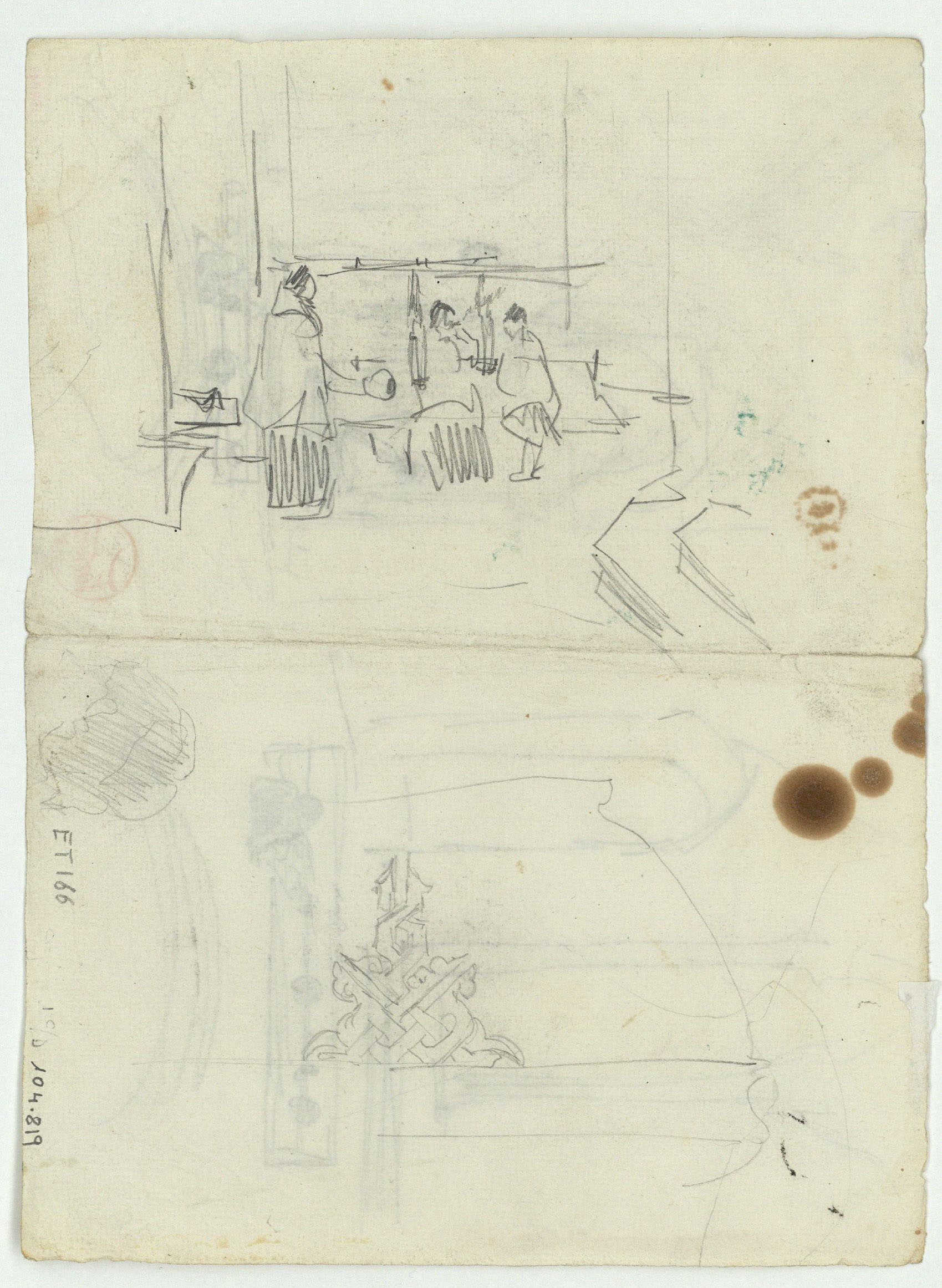image for: Marià Fortuny - Estudis per al quadre «El tribunal de l'Alhambra» (anvers) / Figures en un interior i vas decorat (revers) - Cap a 1871 [1]
