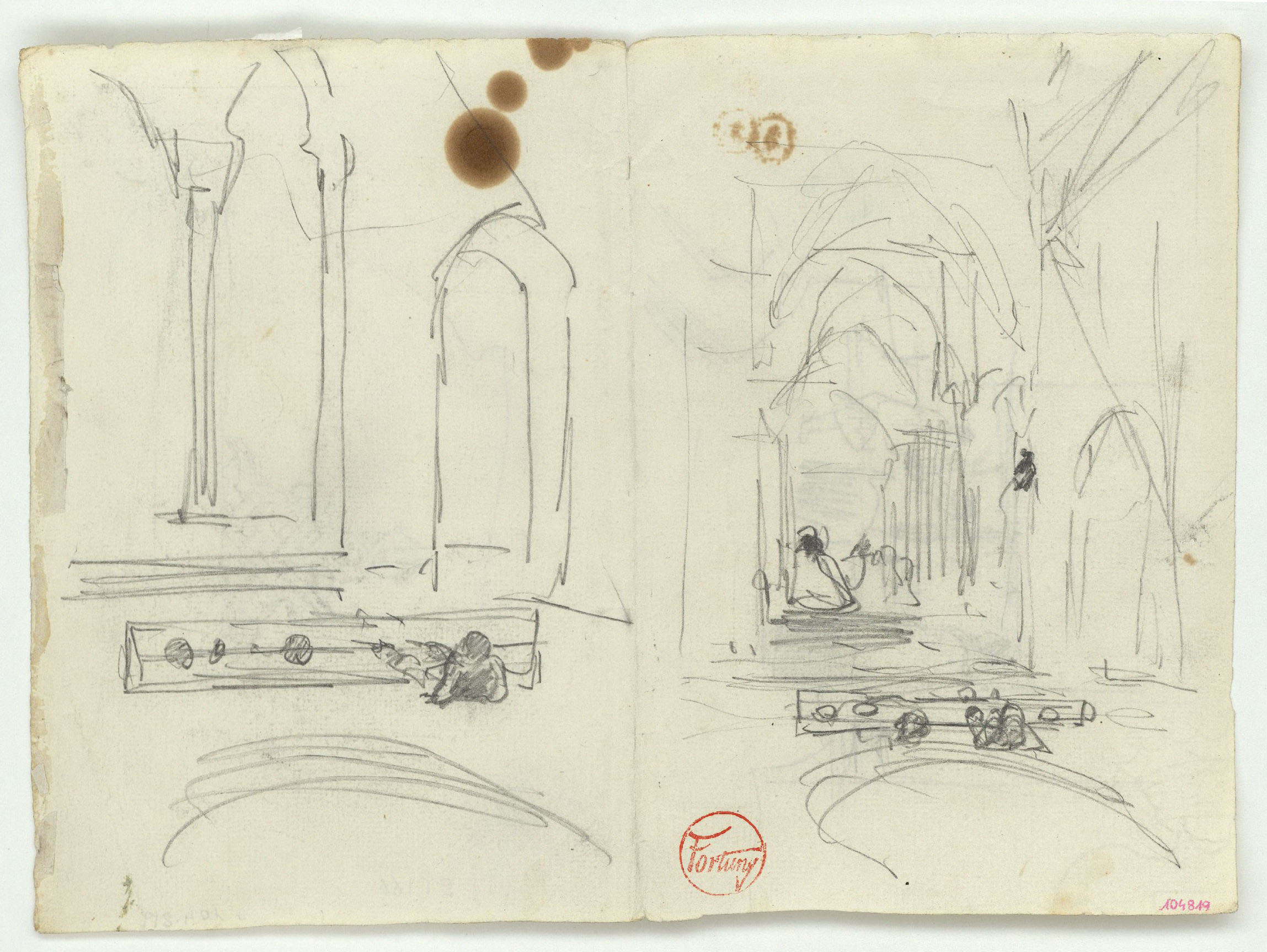 image for: Marià Fortuny - Estudis per al quadre «El tribunal de l'Alhambra» (anvers) / Figures en un interior i vas decorat (revers) - Cap a 1871