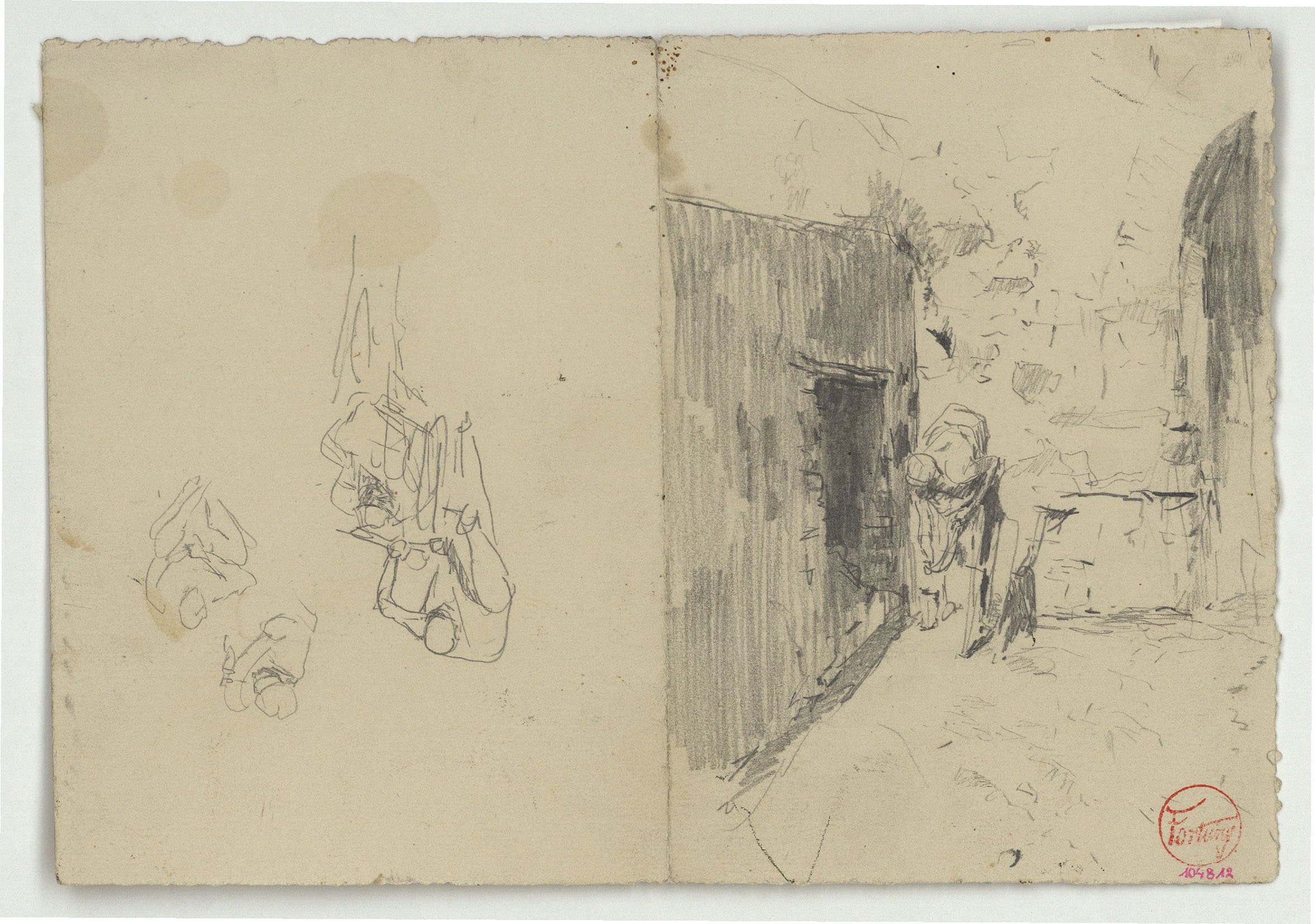 image for: Marià Fortuny - Estudi per al quadre «L'esmolador de sabres» (anvers) / Croquis de casc (revers) - Cap a 1872