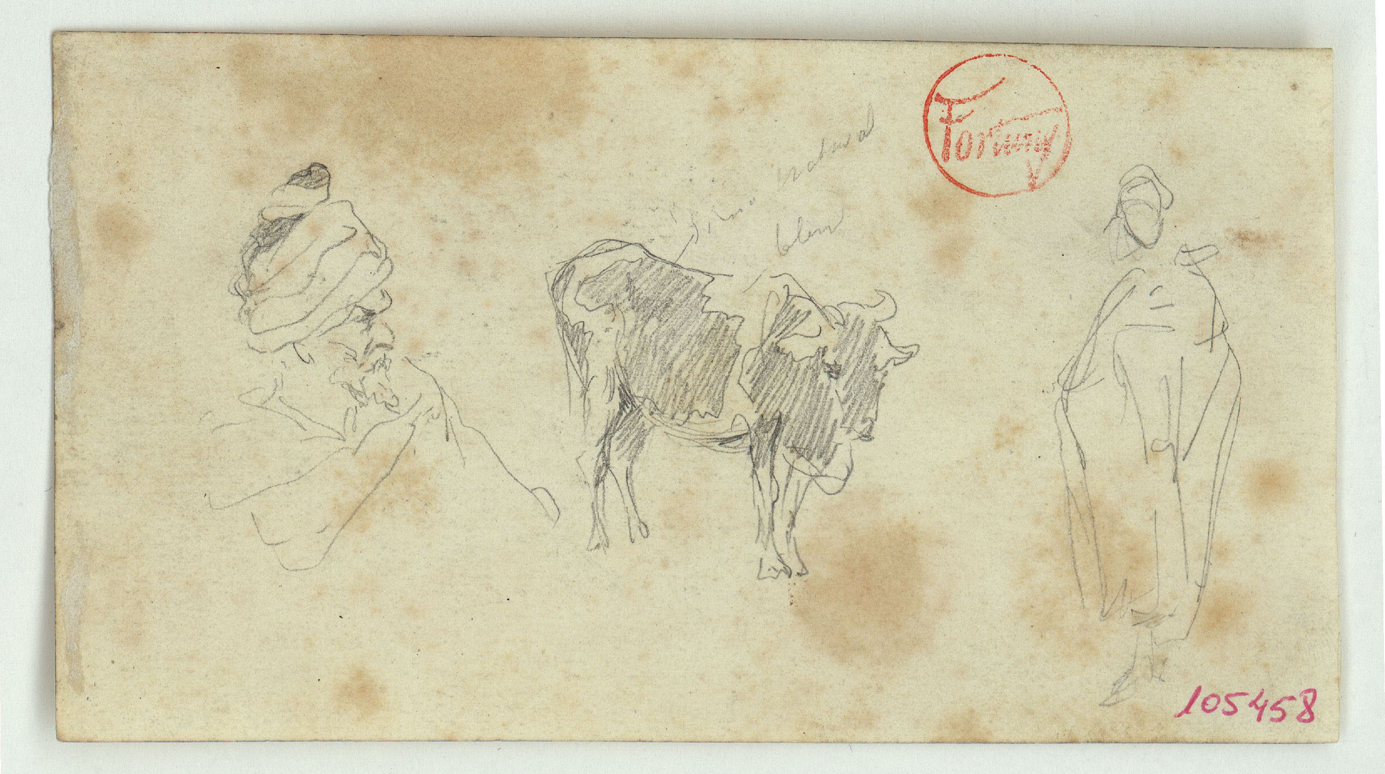image for: Marià Fortuny - Cap de marroquí, bou i esbós de figura (anvers) / Esbós de marroquins (revers) - Cap a 1860-1862
