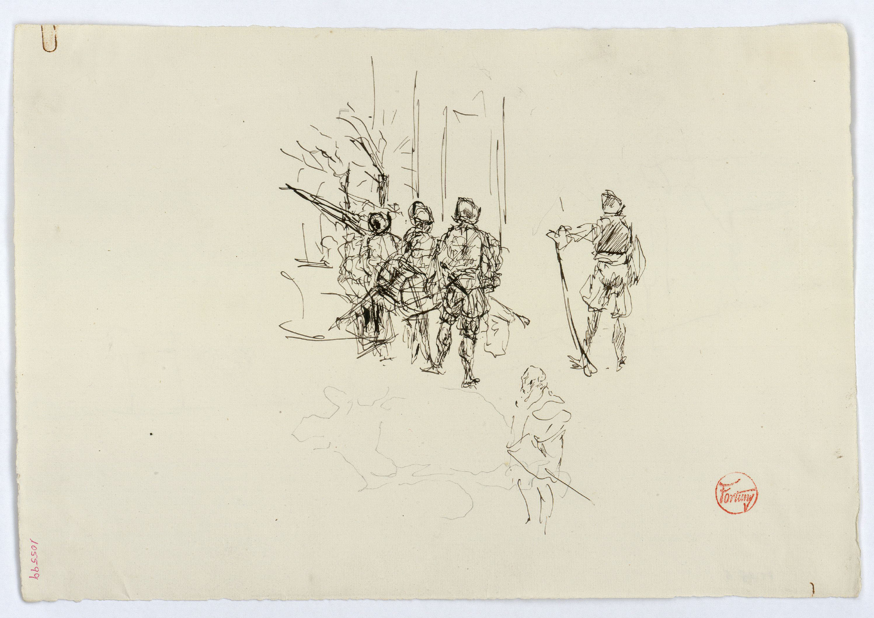 image for: Marià Fortuny - Arcabussers (anvers) / Esbós de figura i croquis inconcrets (revers) - Cap a 1870-1872