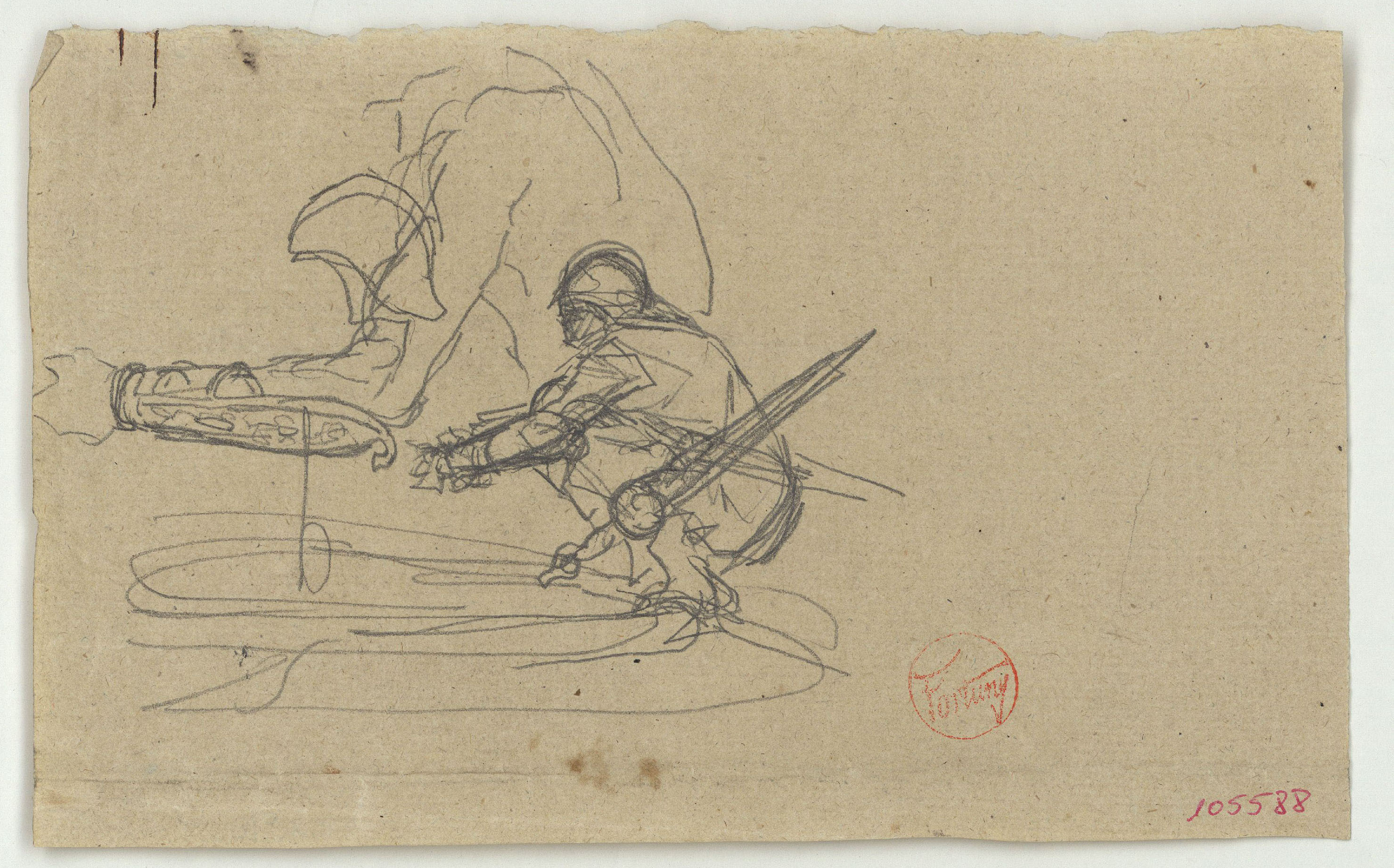 image for: Marià Fortuny - Guerrer a la gatzoneta i detall (anvers) / Esbós de paisatge muntanyenc (revers) - Cap a 1870-1872