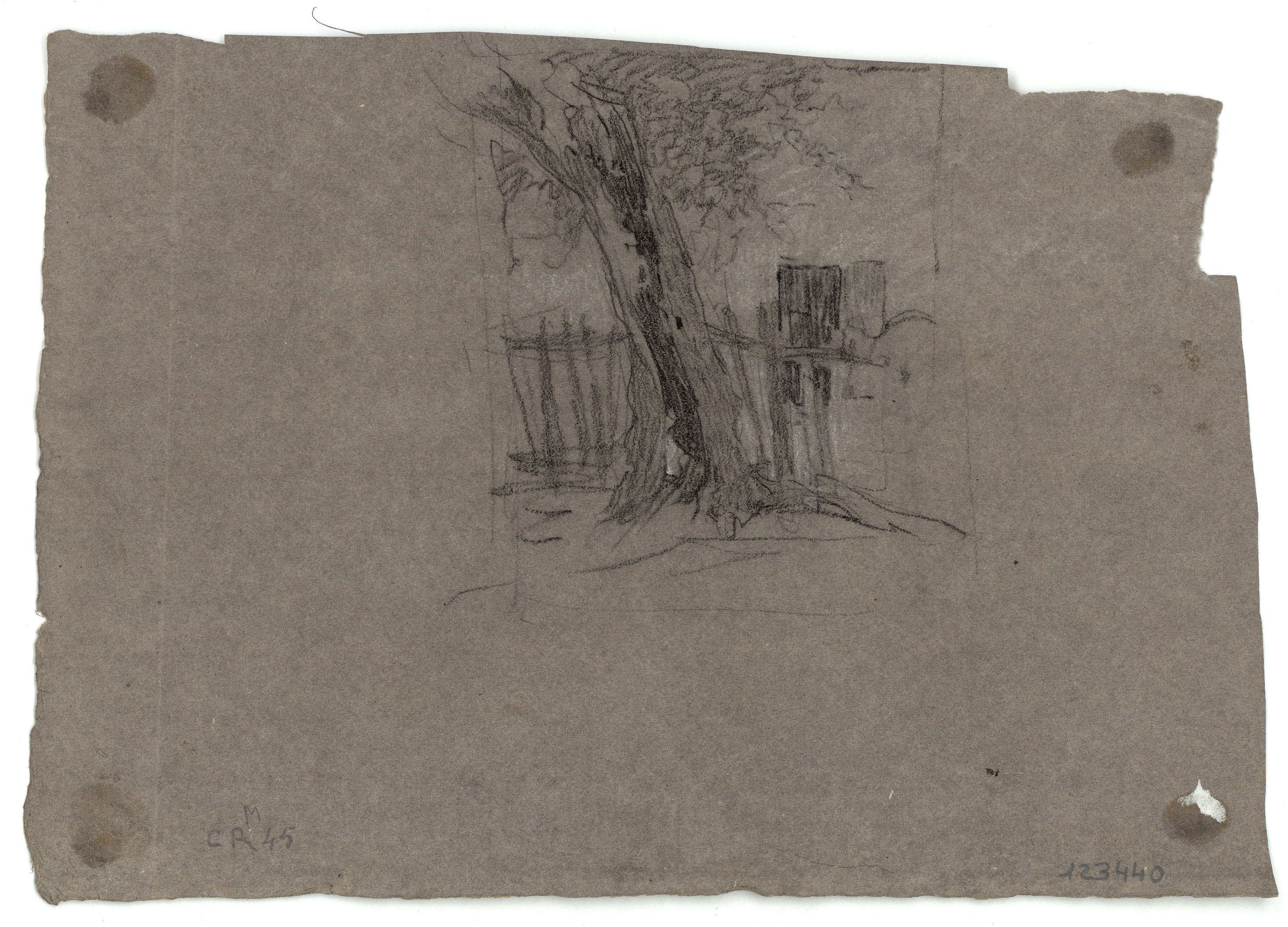 image for: Marià Fortuny - Home ajagut (anvers) / Arbre i tanca (revers) - Cap a 1863-1867 [1]