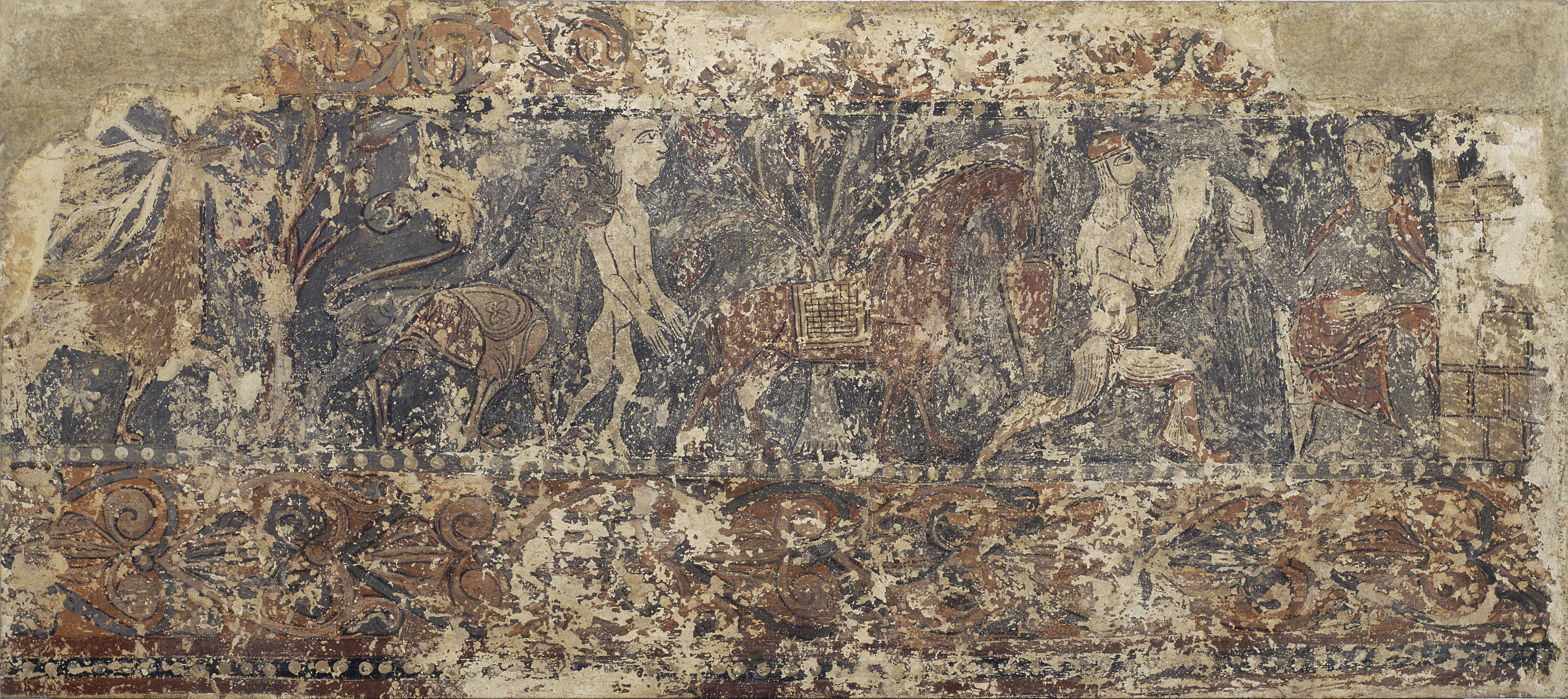 image for: Anònim. Aragó - Pintures profanes de Sixena: Cèrvol menjant fruits d'un arbre, lleó subjectant un home nu i cavaller descavalcat i agenollat davant una dama entronitzada - Cap a 1200