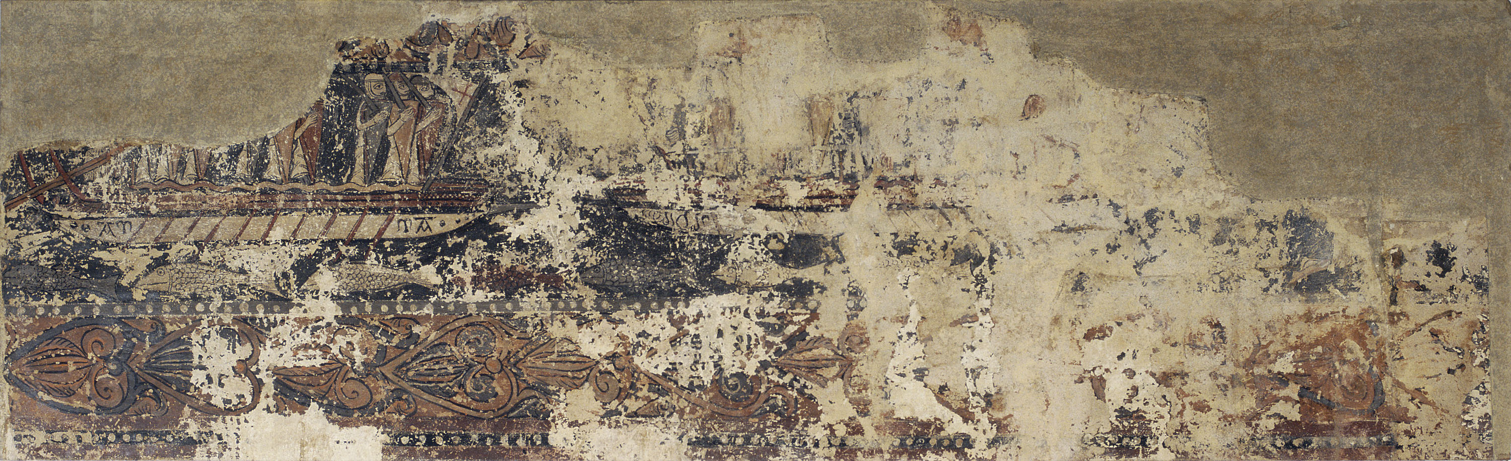 image for: Anònim. Aragó - Combat naval entre una galera cristiana i una de sarraïna, pintures profanes de Sixena  - Cap a 1200