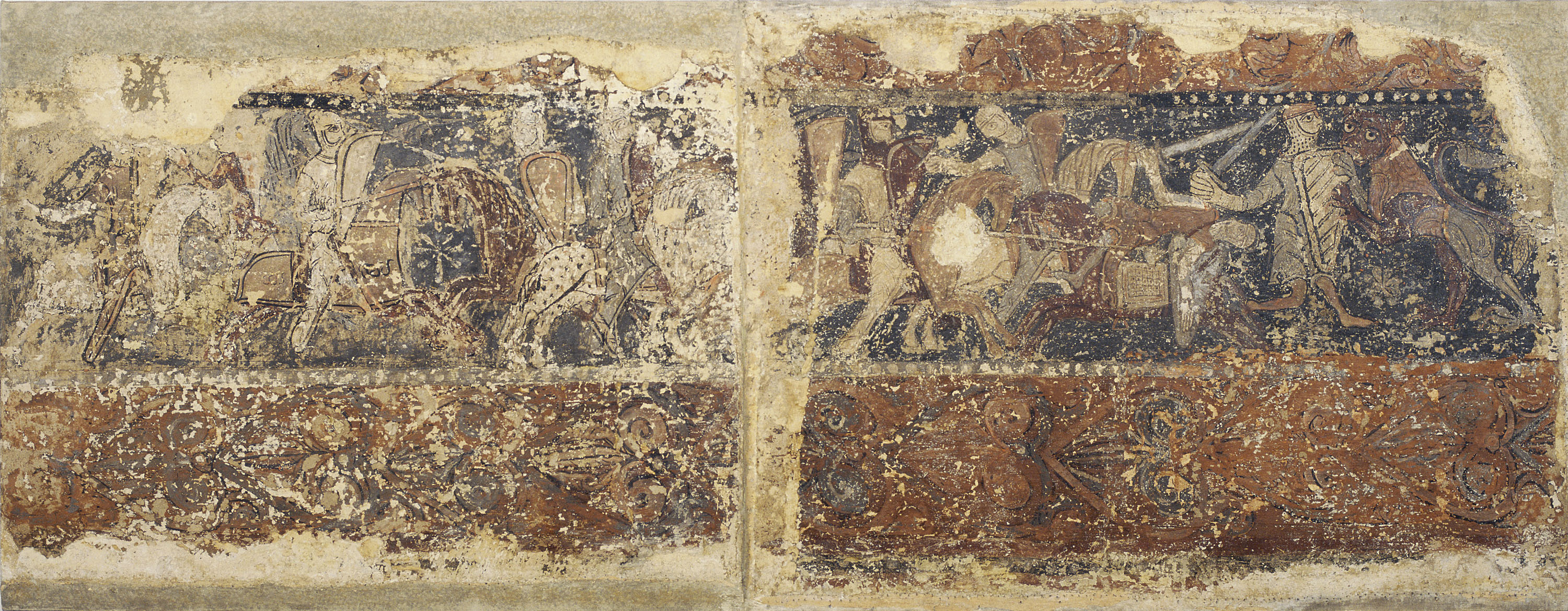 image for: Anònim. Aragó - Pintures profanes de Sixena: Combat de cavallers i soldat atacat per un lleó - Cap a 1200