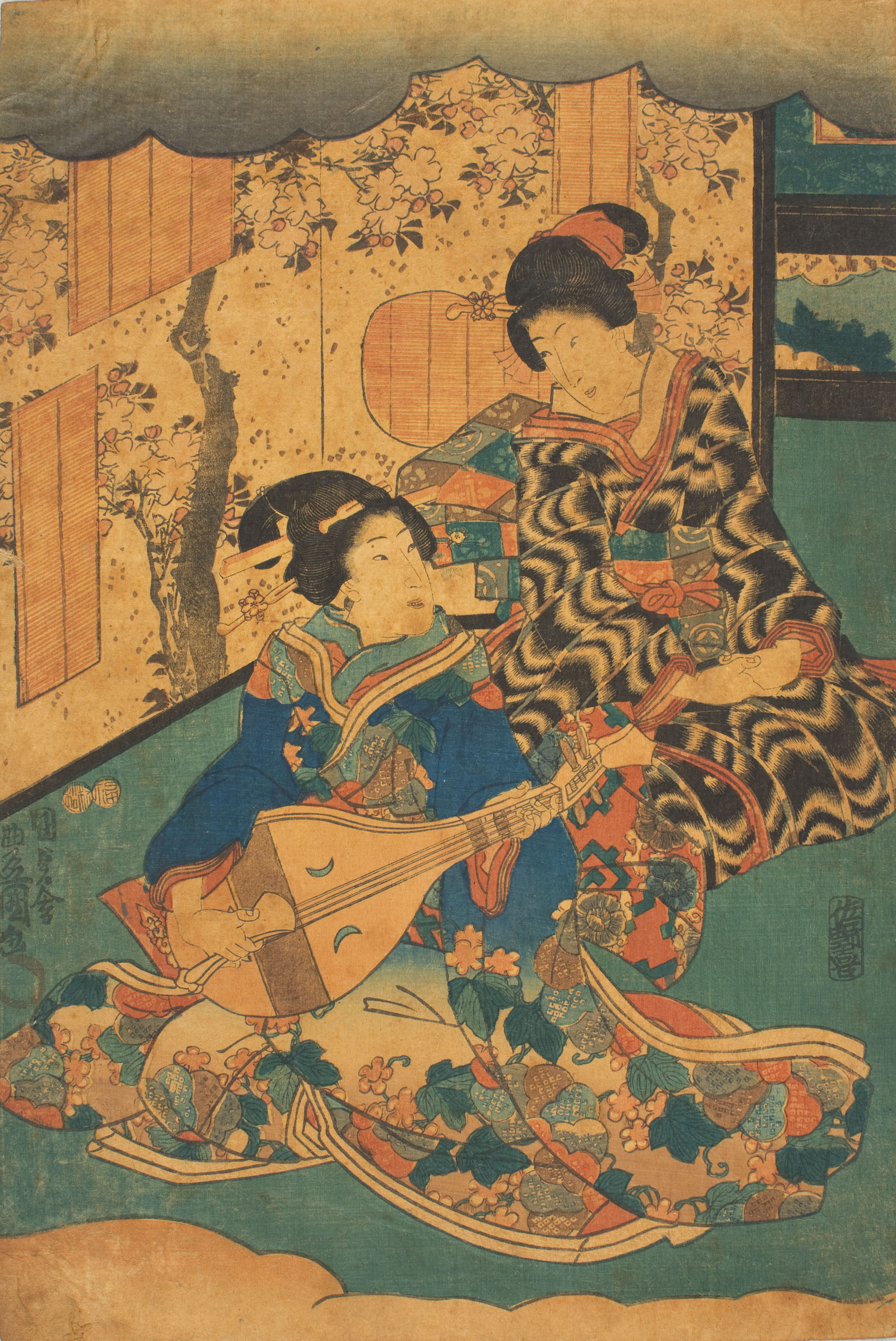 image for: Utagawa Kunisada (Toyokuni III) - Dues cortesanes del tríptic «Escena de concert d'Inaka Genji (Yasasugata Azuma no utsushi-e)» - 1849-1853