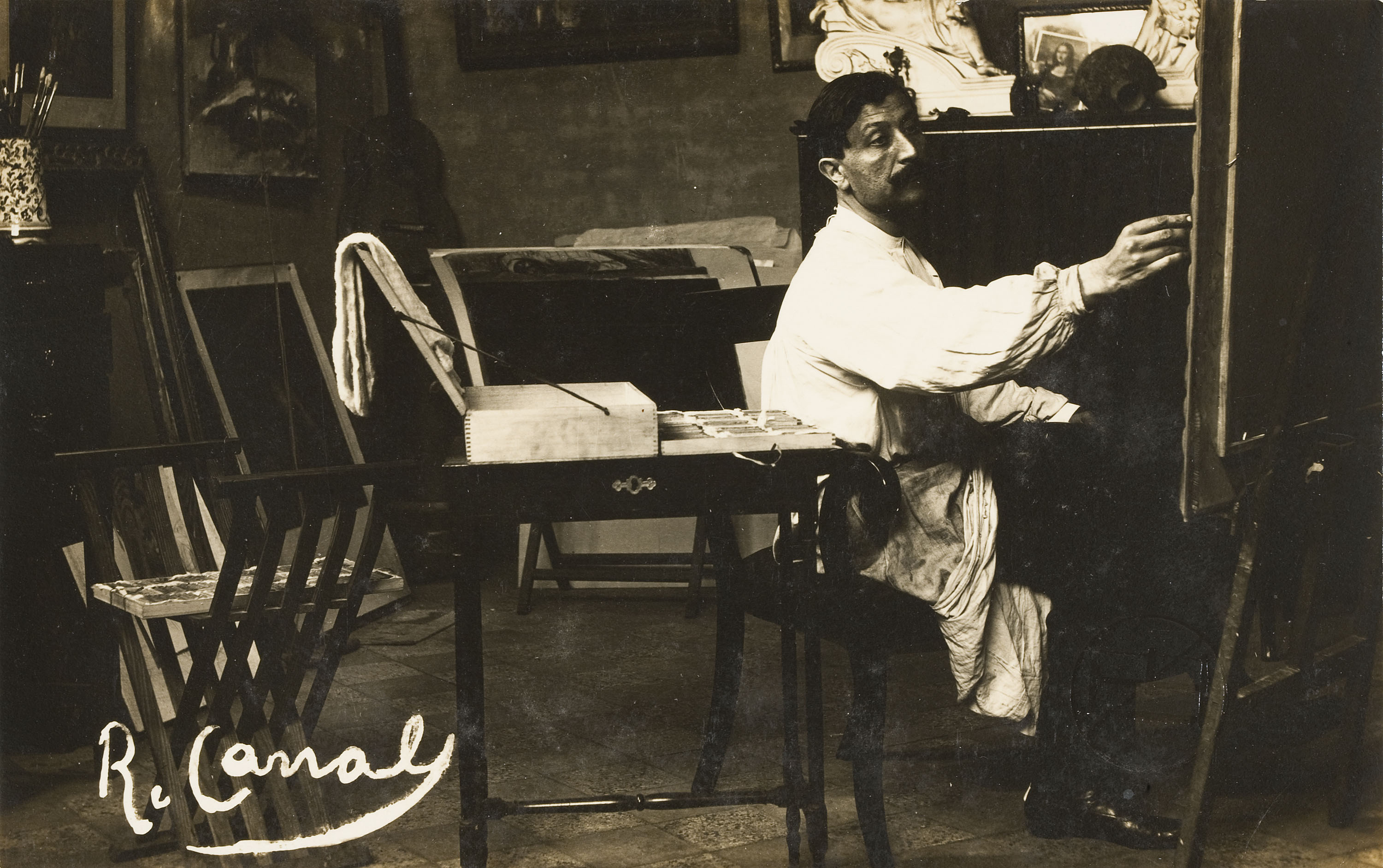 image for: Francesc Serra Dimas - Retrat del pintor Ricard Canals al seu taller - Cap a 1915