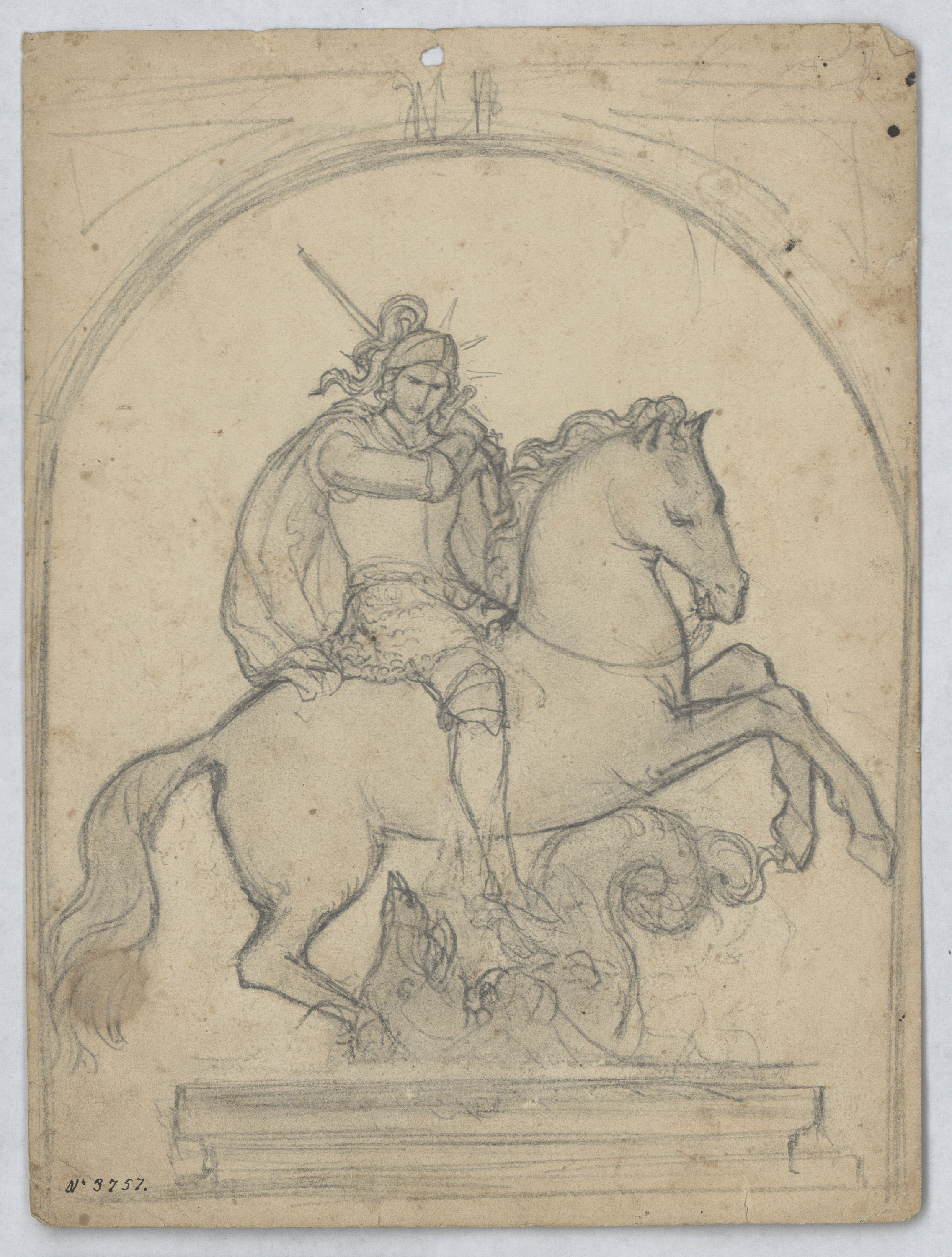 image for: Francesc Torras - Sant Jordi (anvers) / Croquis d'uns homes nus i una casa (revers) - Cap a 1860