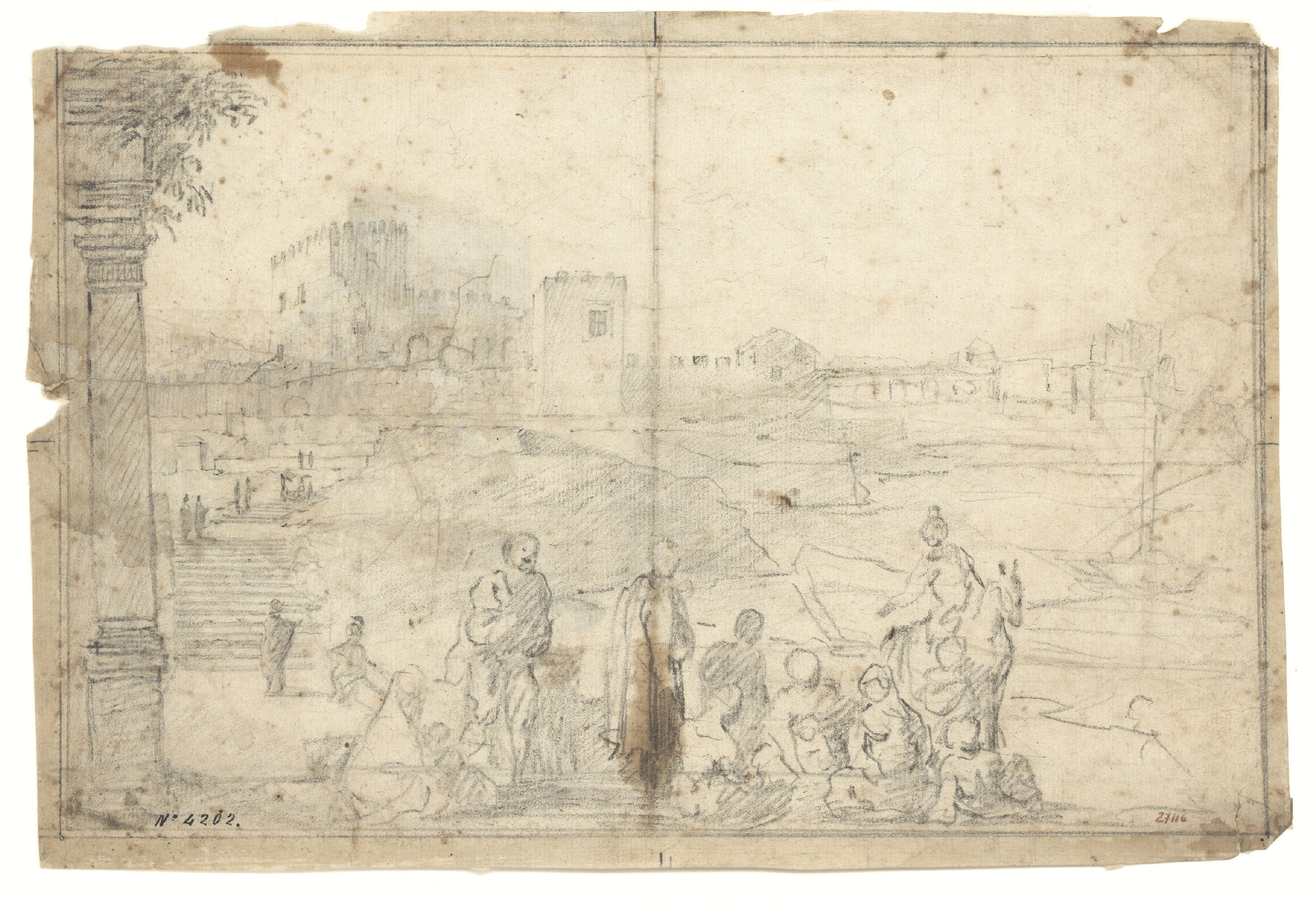 Antoni Viladomat - Vista urbana amb figures (anvers) / Apunt de cavalls (revers) - Cap a 1720-1755 image for: Antoni Viladomat - Vista urbana amb figures (anvers) / Apunt de cavalls (revers) - Cap a 1720-1755