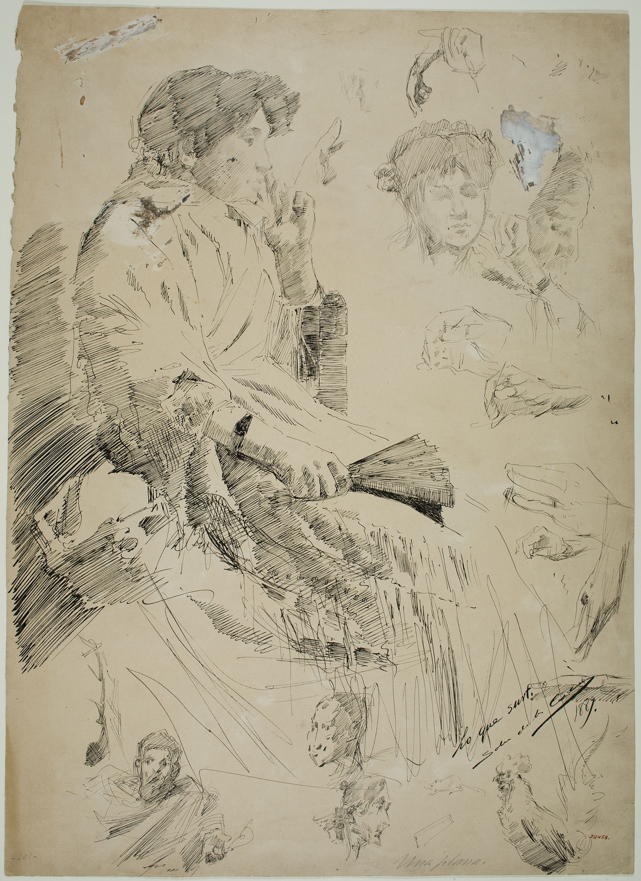 image for: Ernest Soler - Figura femenina asseguda i estudi de caps i mans (anvers) / Estudi d'animals i caps (revers) - 1889