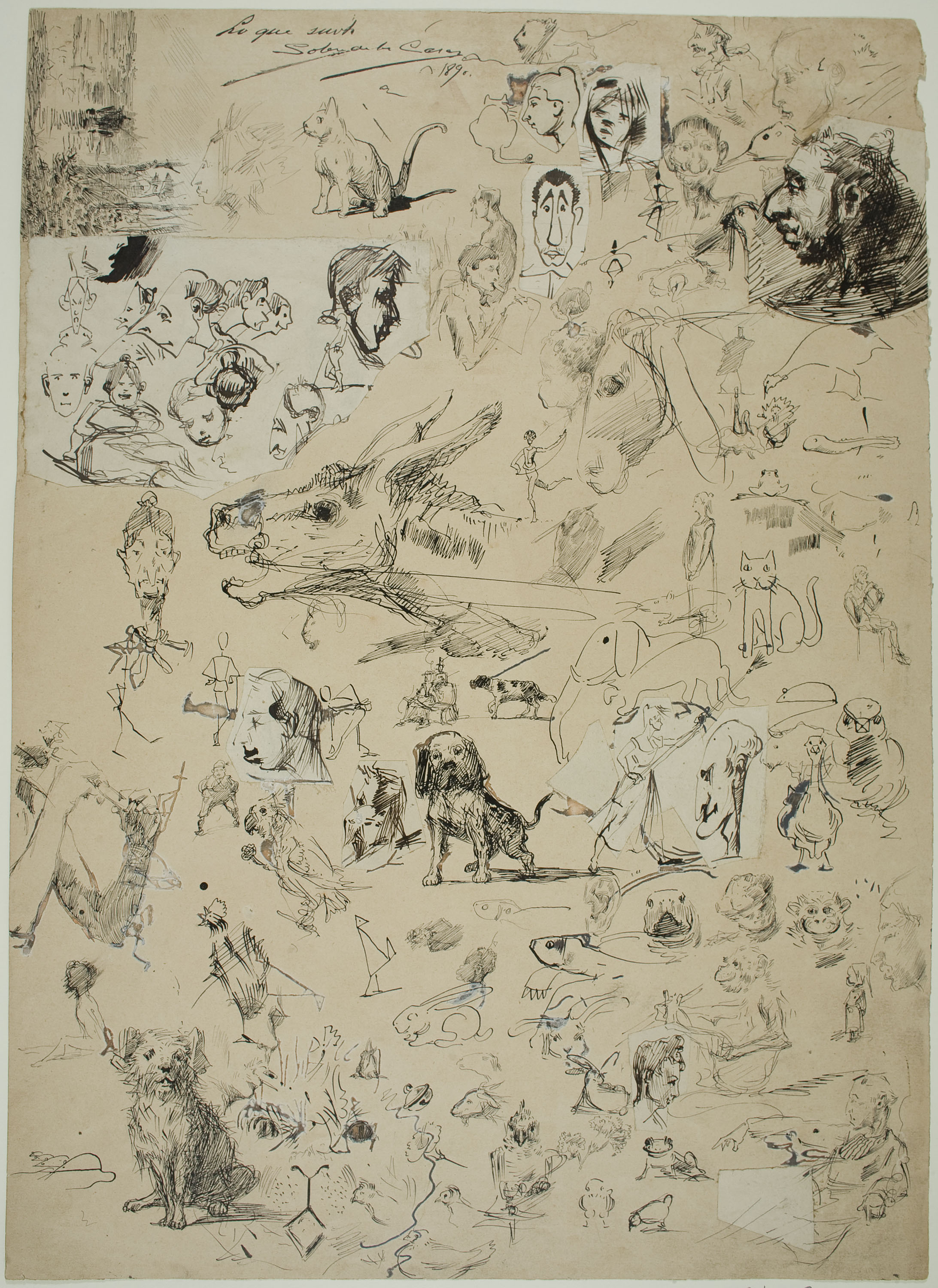 image for: Ernest Soler - Figura femenina asseguda i estudi de caps i mans (anvers) / Estudi d'animals i caps (revers) - 1889 [1]