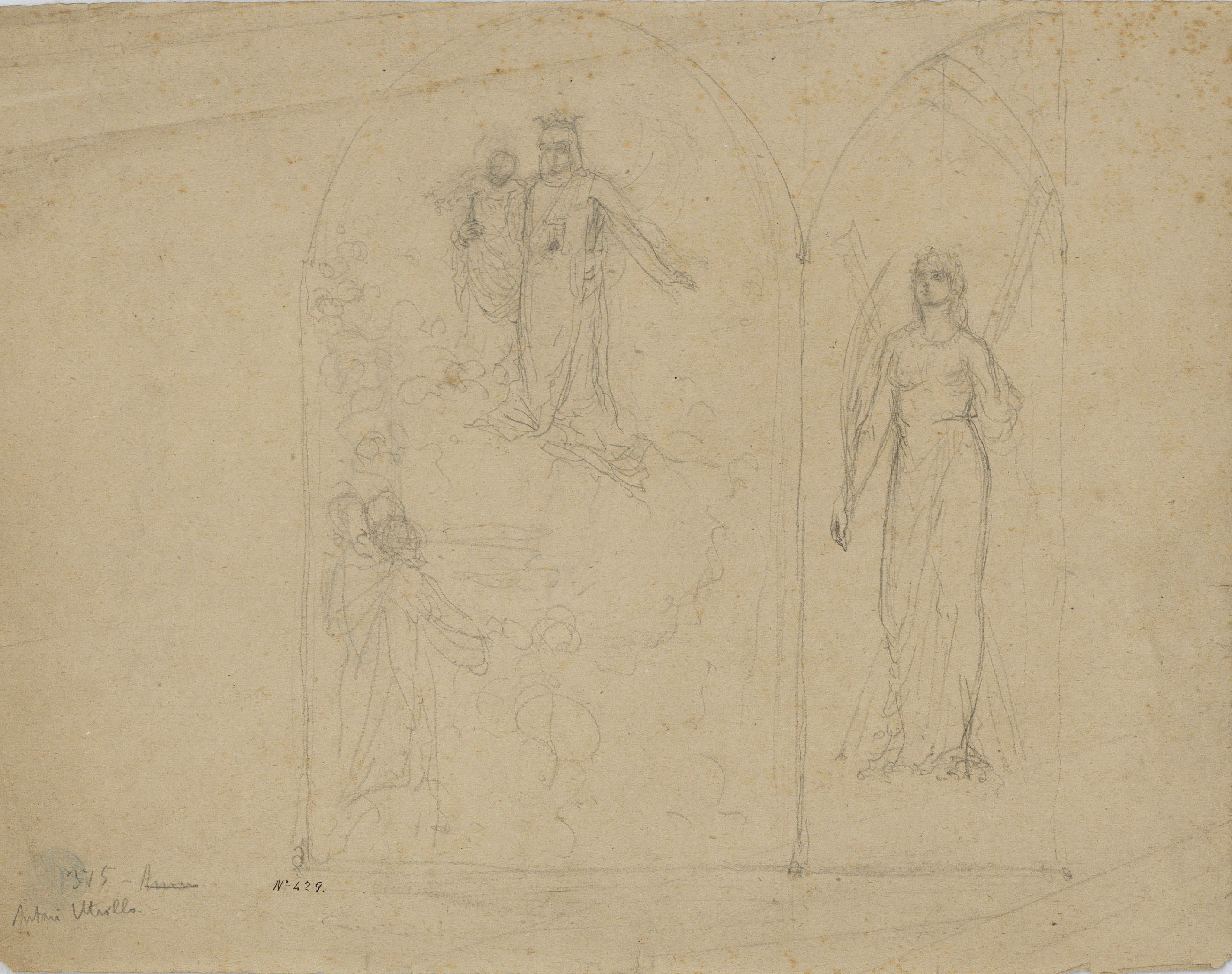 image for: Antoni Utrillo - Estudi amb la Mare de Déu de la Mercè i santa Eulàlia (anvers) / Croquis de figures (revers) - Cap a 1900-1906