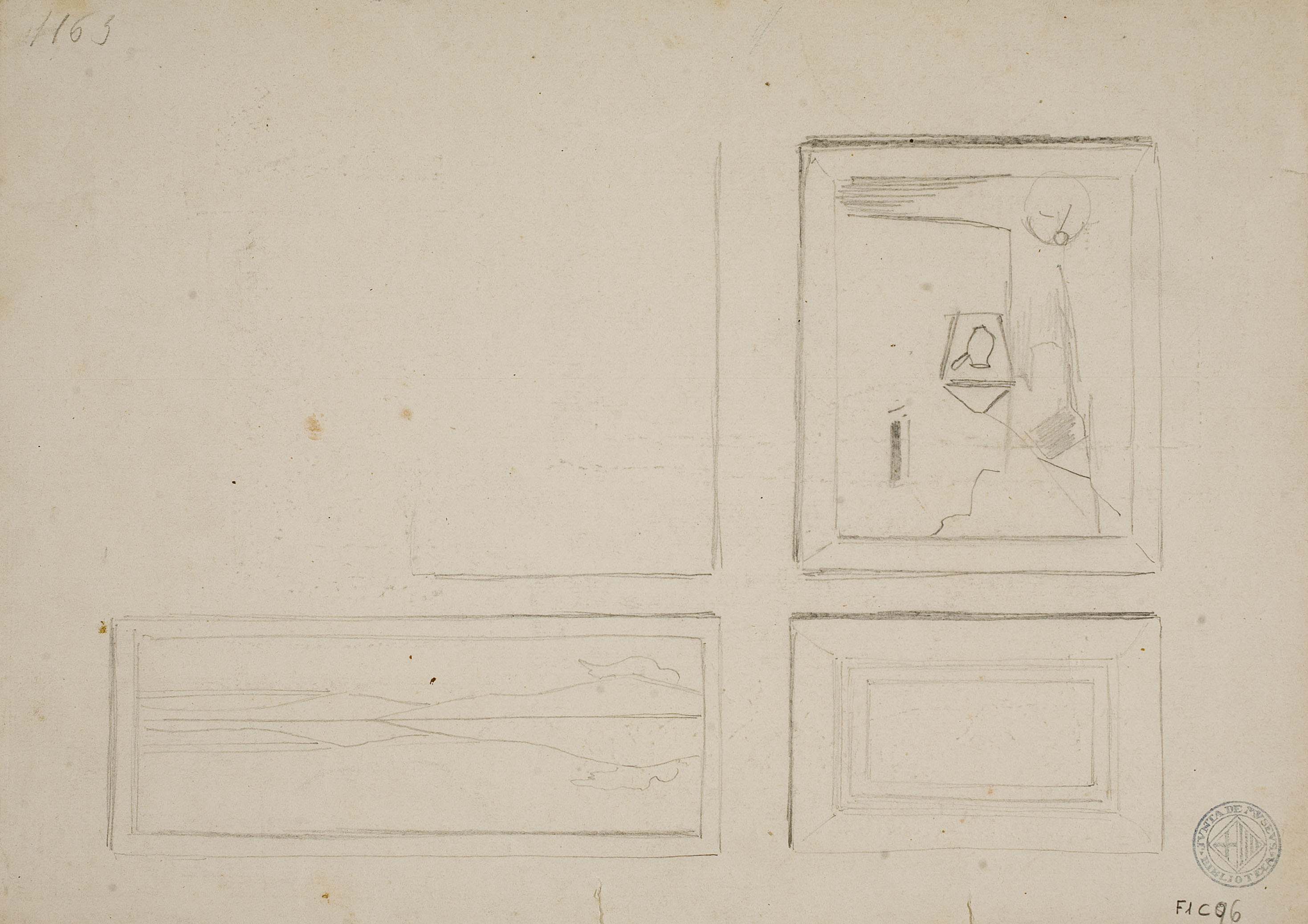 image for: Modest Urgell - Caricatures de quadres (anvers) / Croquis de quadres (revers) - Cap a 1872-1878 [1]