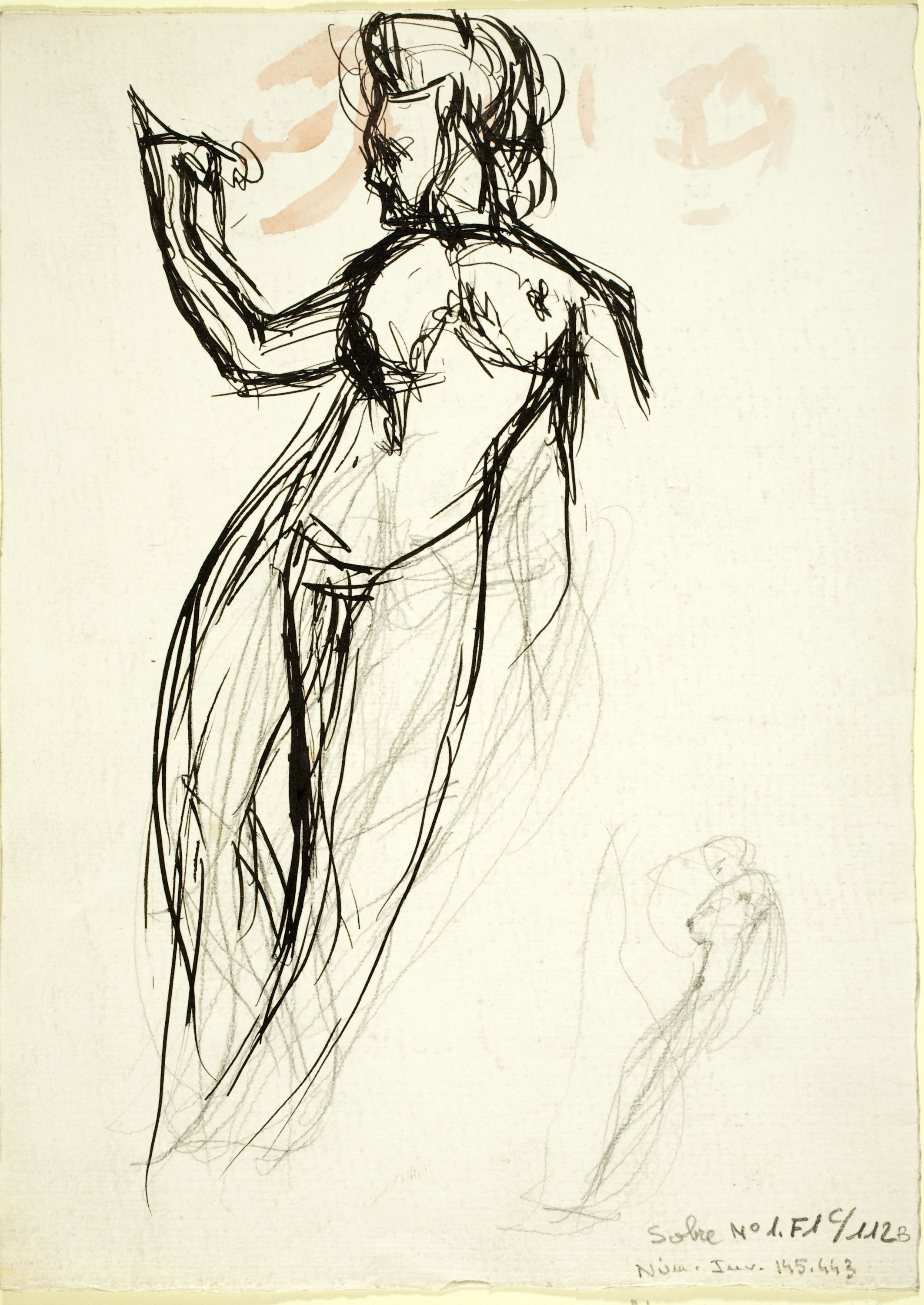 image for: Ismael Smith - Rostres masculins, nu femení, projecte de monument i cistell de fruita (anvers) / Croquis de nu femení (revers) - Cap a 1908-1924 [1]