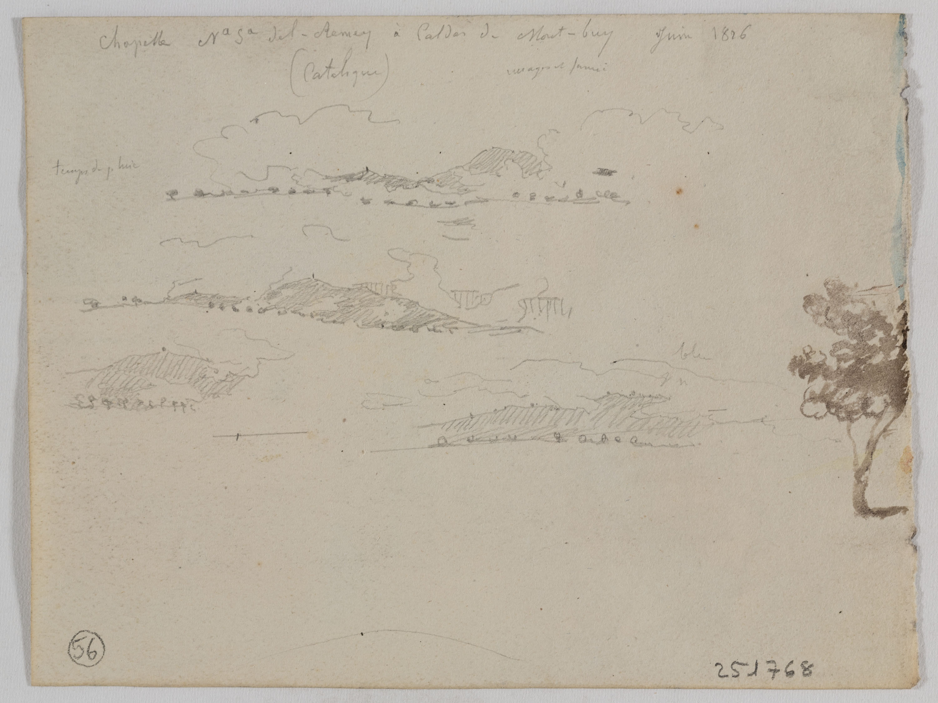 image for: Adolphe Hedwige Alphonse Delamare - Santuari de la Mare de Déu del Remei a Caldes de Montbui (anvers) / Apunts de paisatge (revers) - Juny de 1826 [1]