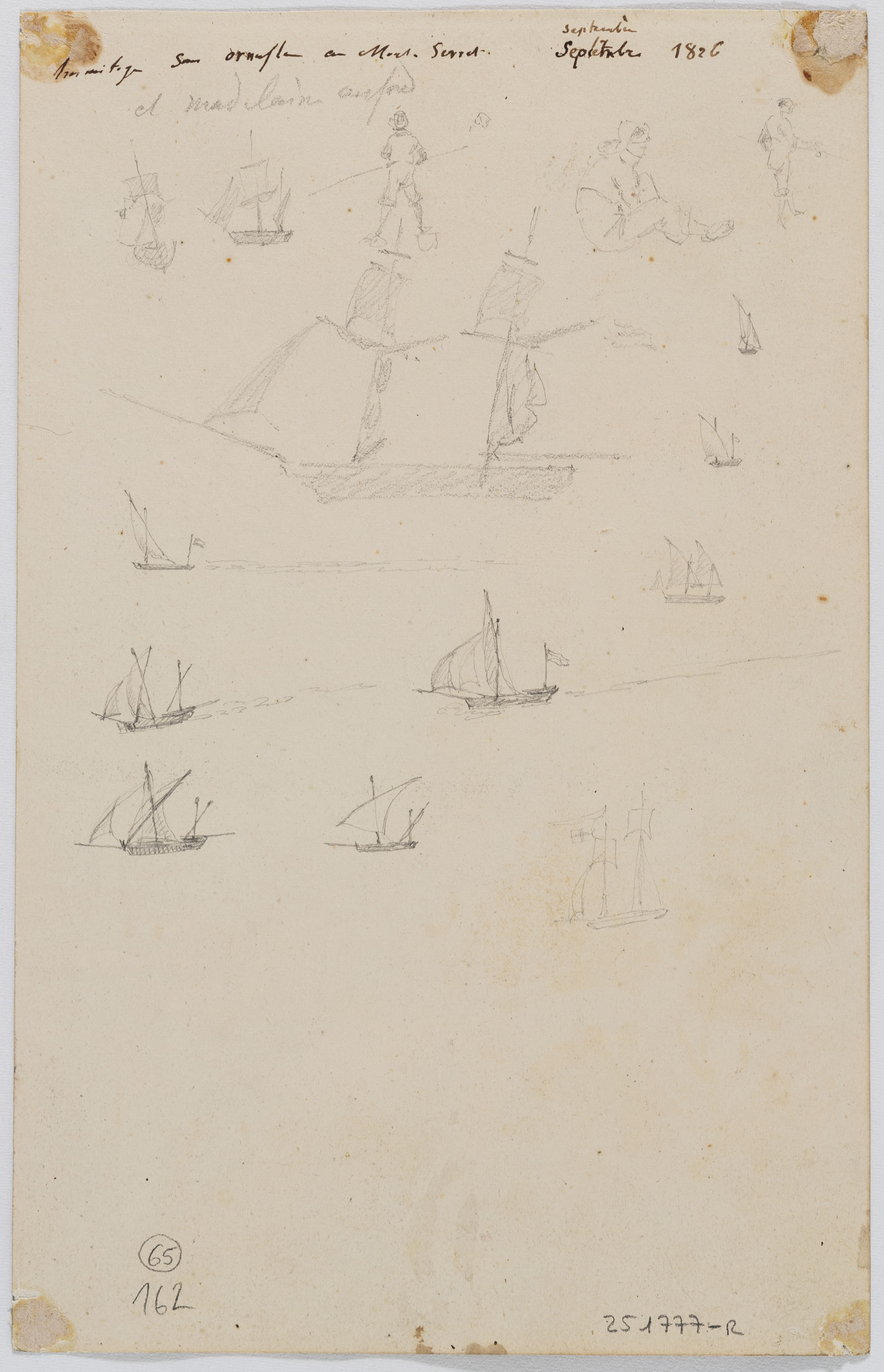 image for: Adolphe Hedwige Alphonse Delamare - Ermita de Sant Onofre a Montserrat (anvers) / Apunts de vaixells i figures (revers) - Setembre de 1826 [1]