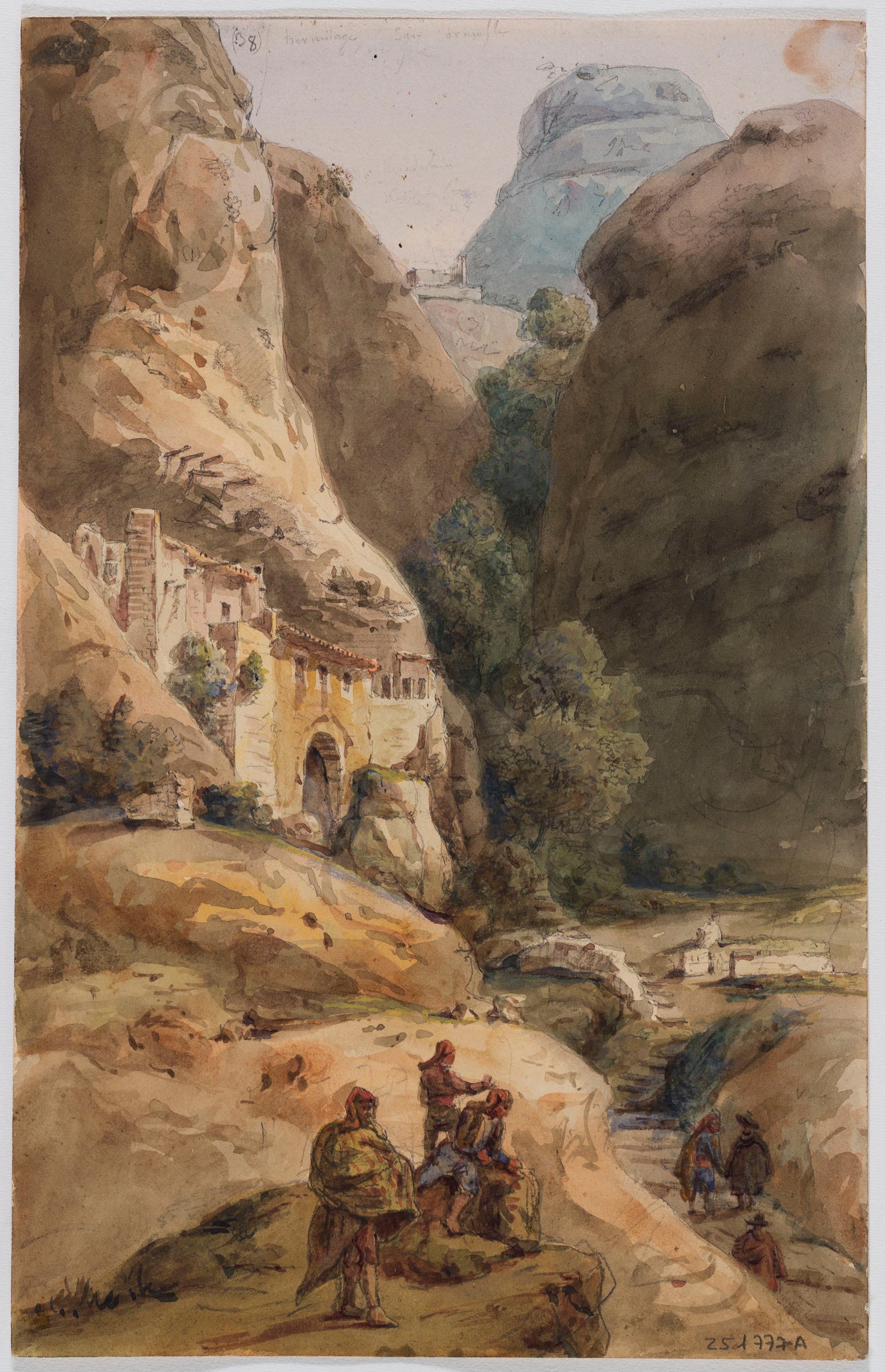 image for: Adolphe Hedwige Alphonse Delamare - Ermita de Sant Onofre a Montserrat (anvers) / Apunts de vaixells i figures (revers) - Setembre de 1826