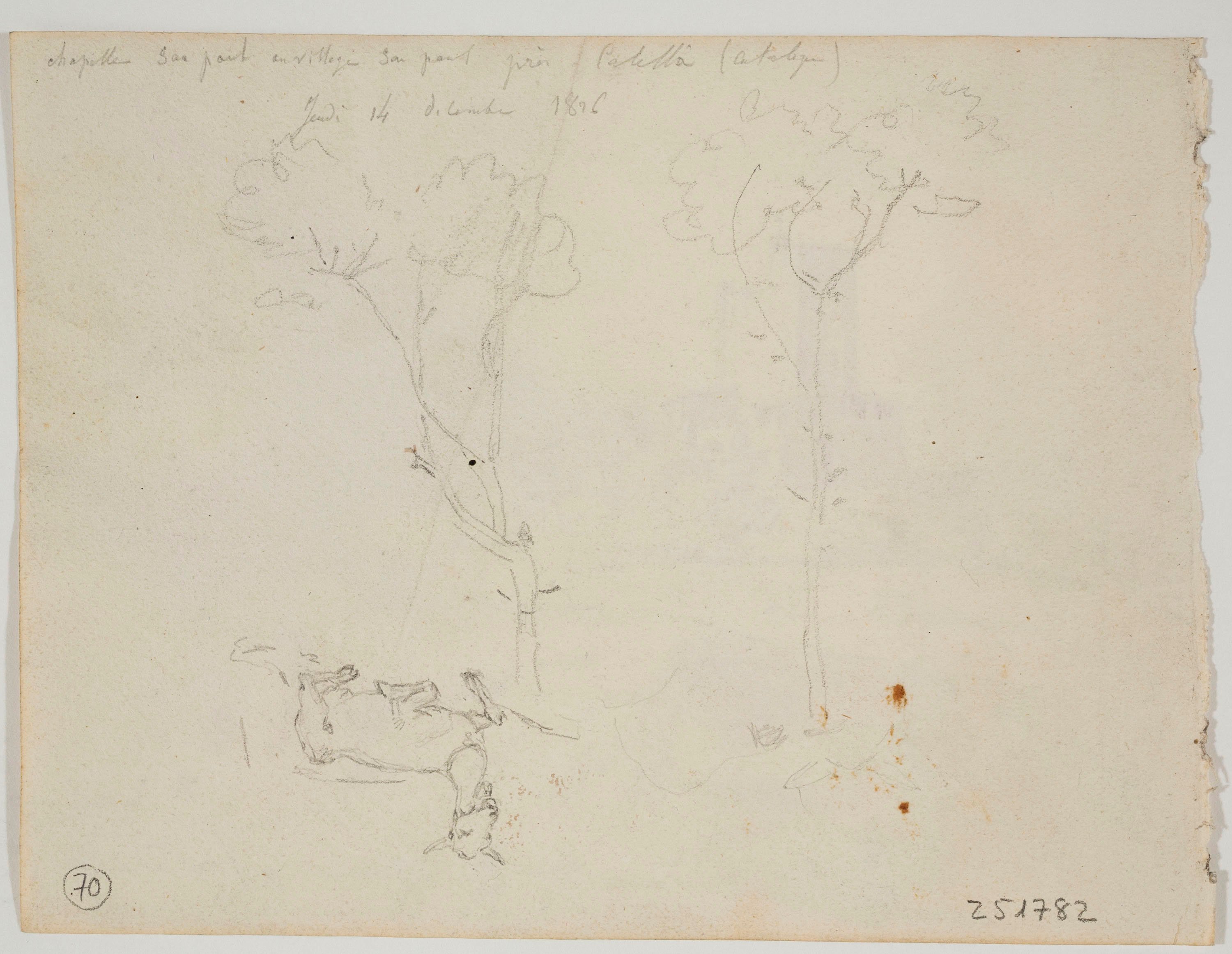 image for: Adolphe Hedwige Alphonse Delamare - Ermita de Sant Pau a Sant Pol de Mar (anvers) / Arbres i ovella (revers) - Dijous 14 de desembre de 1826 [1]
