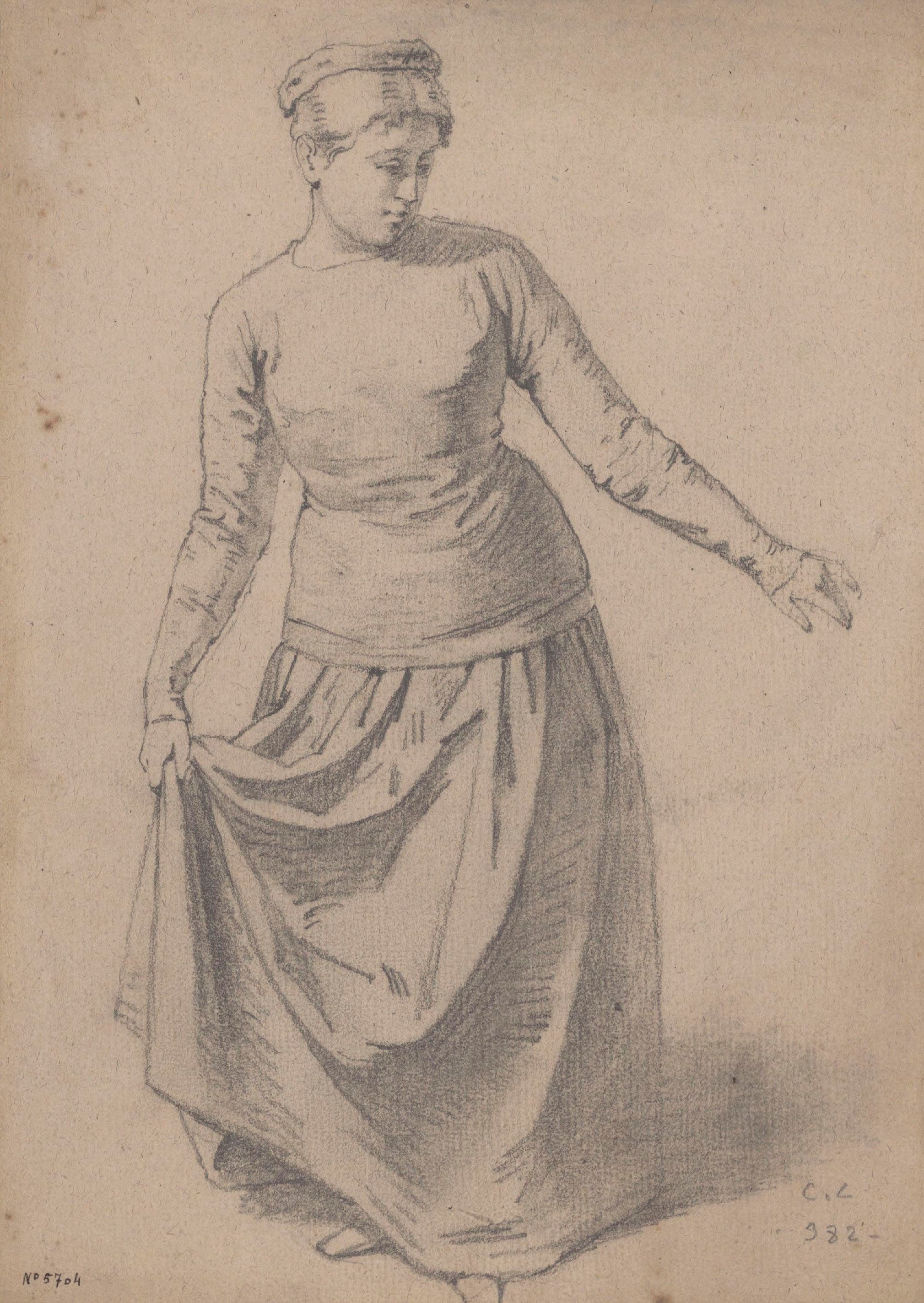 Claudi Lorenzale - Dona agafant-se la faldilla per un costat - Cap a 1860-1880 image for: Claudi Lorenzale - Dona agafant-se la faldilla per un costat - Cap a 1860-1880