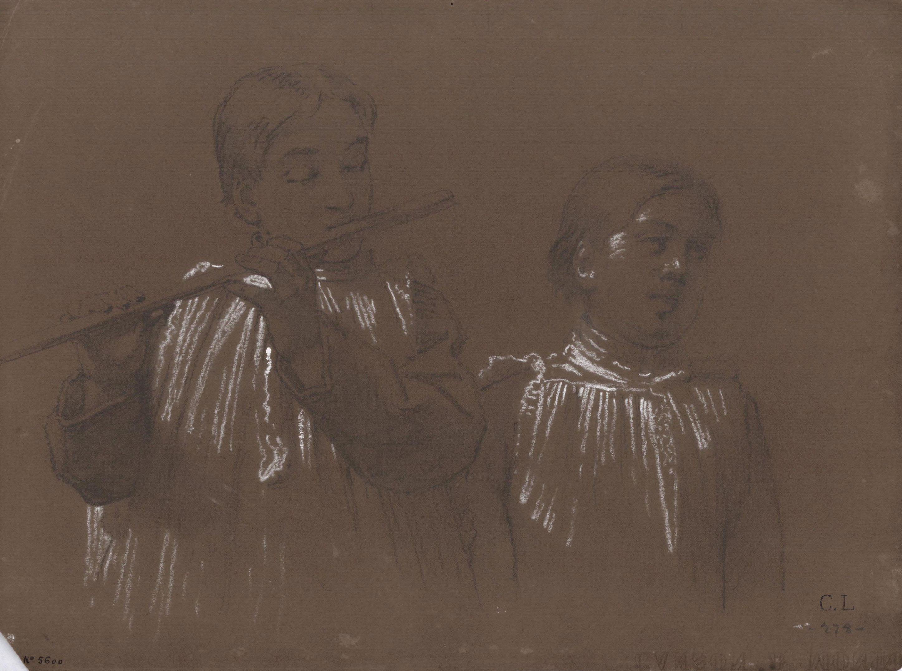 Claudi Lorenzale - Dos escolanets, un d'ells tocant la flauta - Cap a 1850-1870 image for: Claudi Lorenzale - Dos escolanets, un d'ells tocant la flauta - Cap a 1850-1870