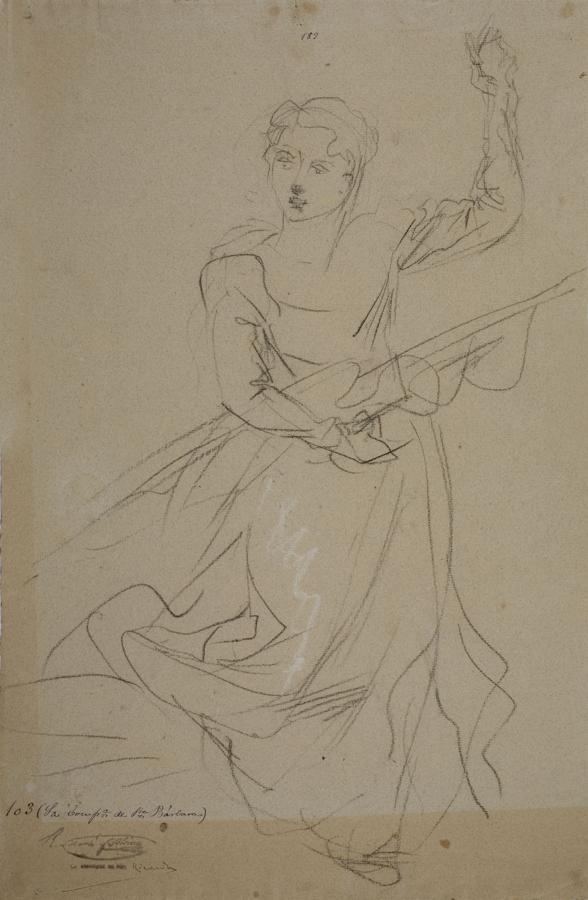 image for: Ramon Martí i Alsina - Estudi de dona amb un estendard per al quadre «La companyia de Santa Bàrbara» - Cap a 1891