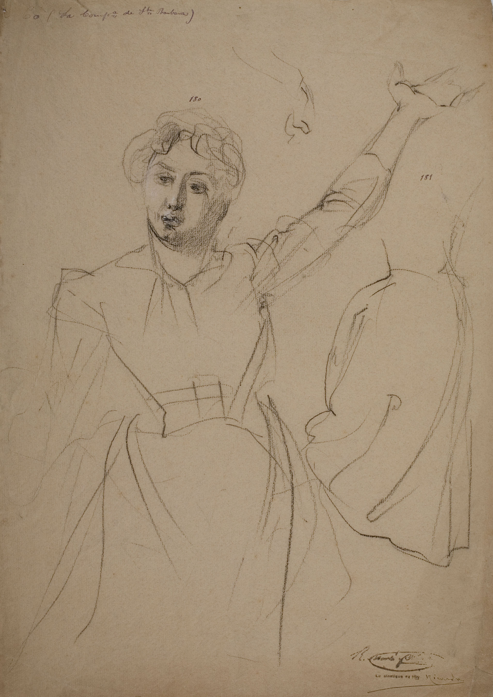 image for: Ramon Martí i Alsina - Dona amb el braç aixecat enlaire per al quadre «La Companyia de Santa Bàrbara» - Cap a 1891