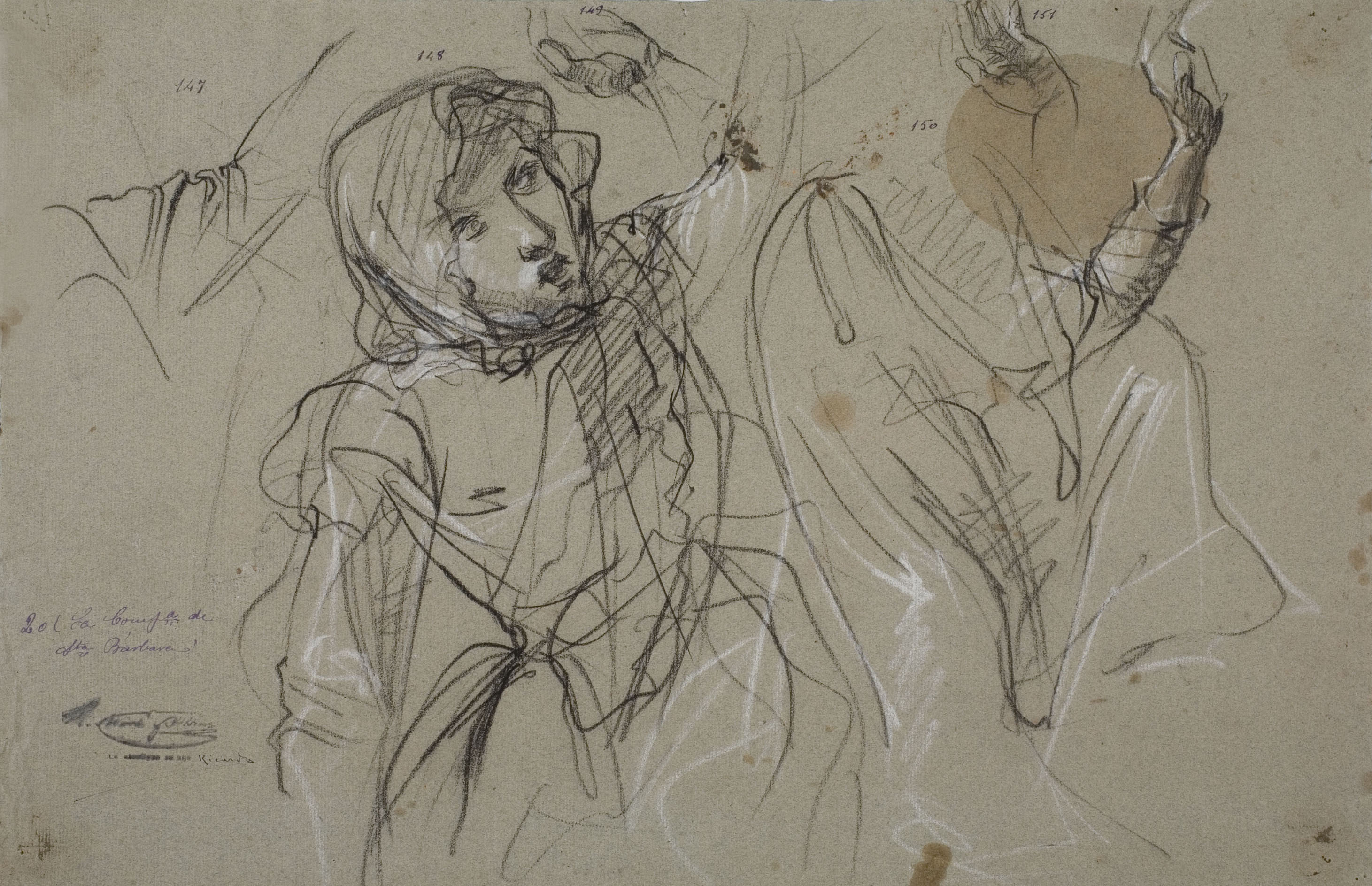 image for: Ramon Martí i Alsina - Figura de dona amb mantellina i altres apunts per al quadre «La Companyia de Santa Bàrbara» - Cap a 1891