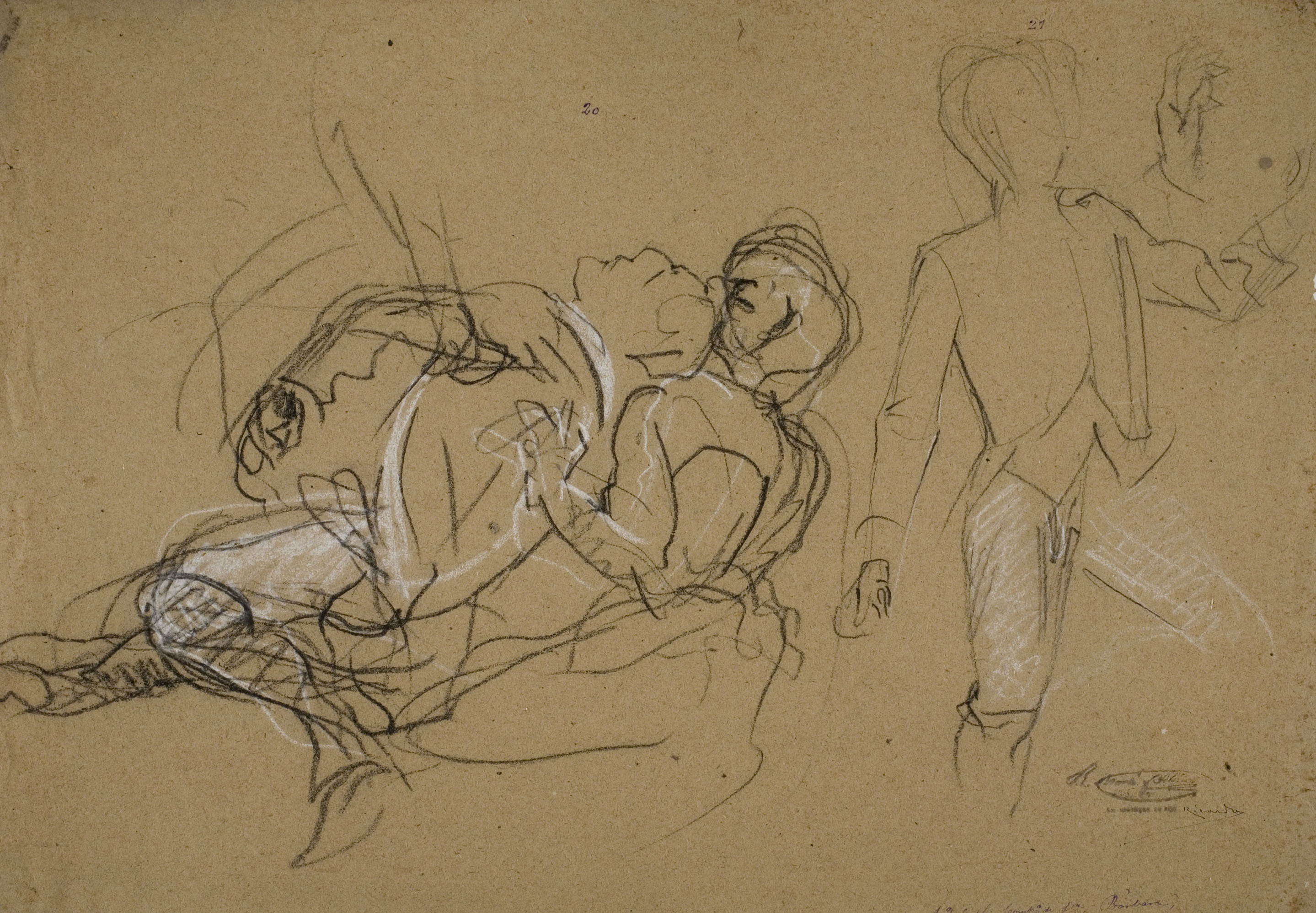 image for: Ramon Martí i Alsina - Soldat ferit sostingut per una dona i altres apunts per al quadre «La Companyia de Santa Bàrbara» - Cap a 1891