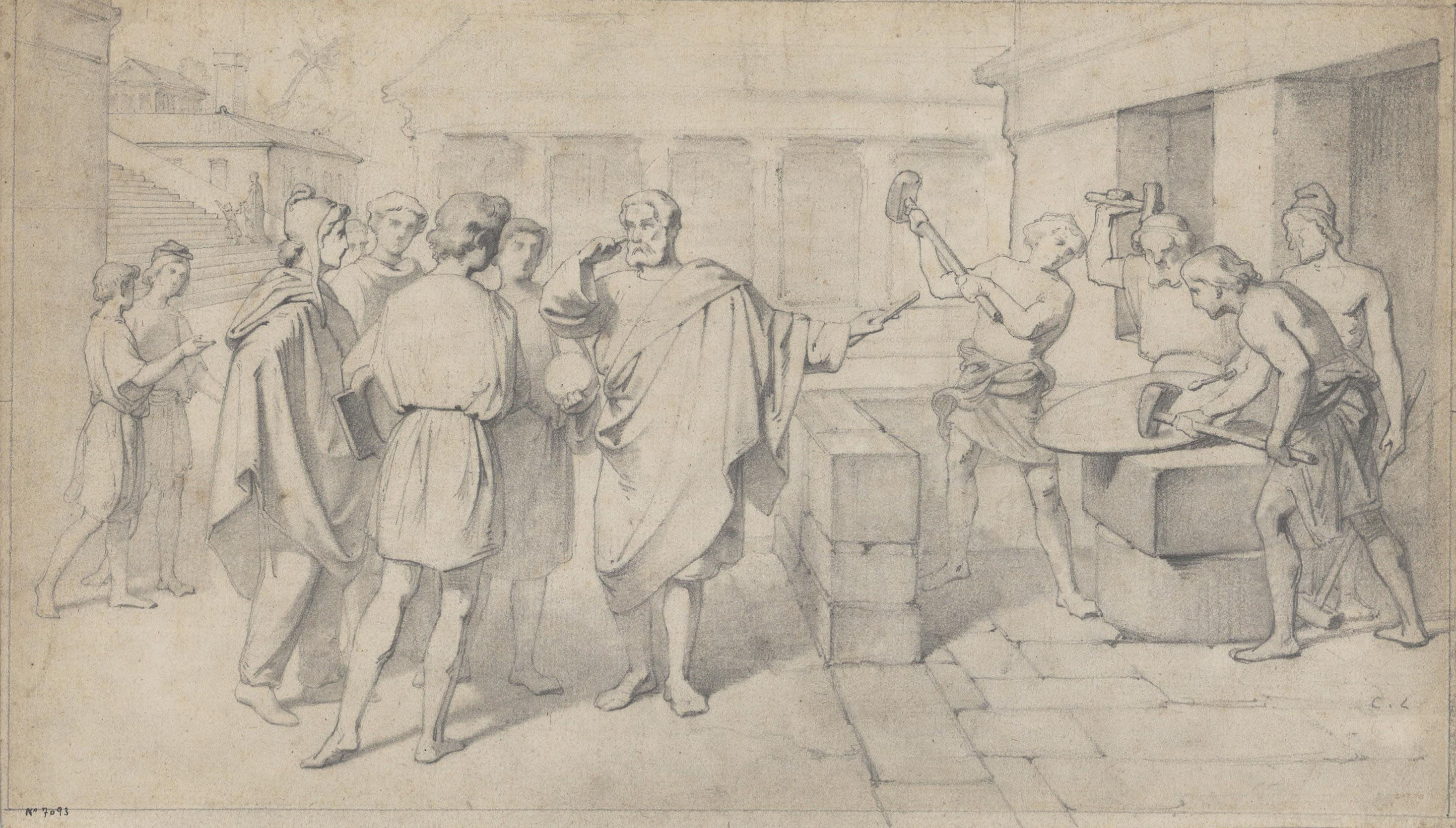 image for: Claudi Lorenzale - Pitàgores amb els seus deixebles davant d'un taller de farga - Cap a 1850-1855