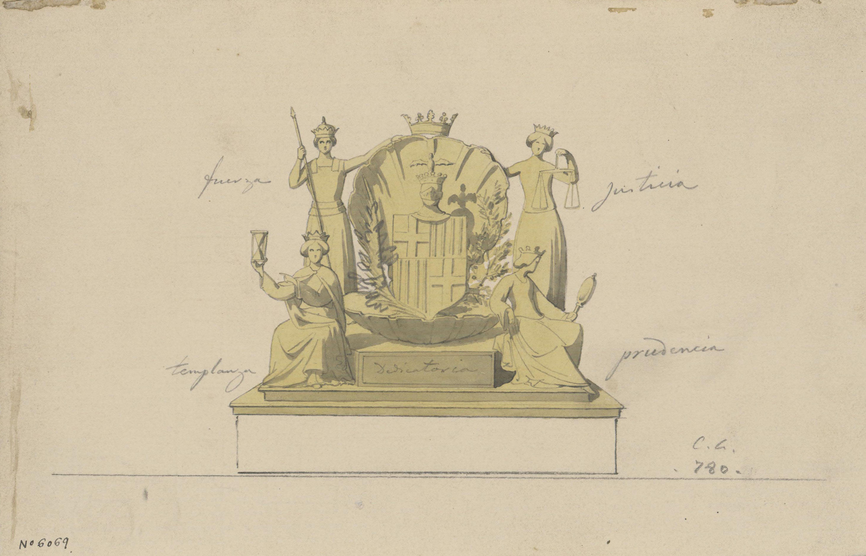 image for: Claudi Lorenzale - Escut de Barcelona amb les al·legories de la Força, la Justícia, la Temprança i la Prudència - Cap a 1860-1880