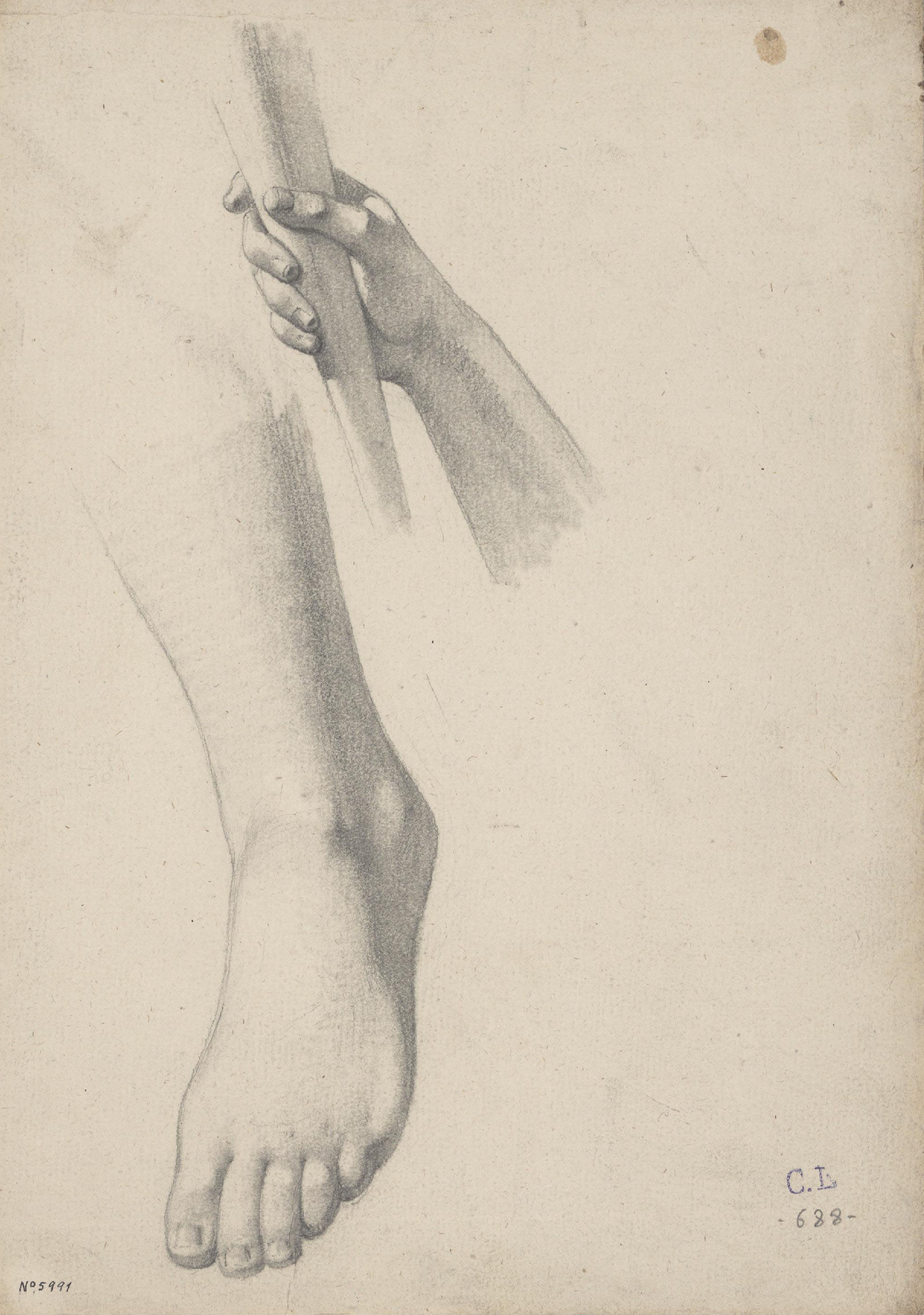 Claudi Lorenzale - Estudi de cama, peu i mà sostenint una barra - Cap a 1850-1870 image for: Claudi Lorenzale - Estudi de cama, peu i mà sostenint una barra - Cap a 1850-1870