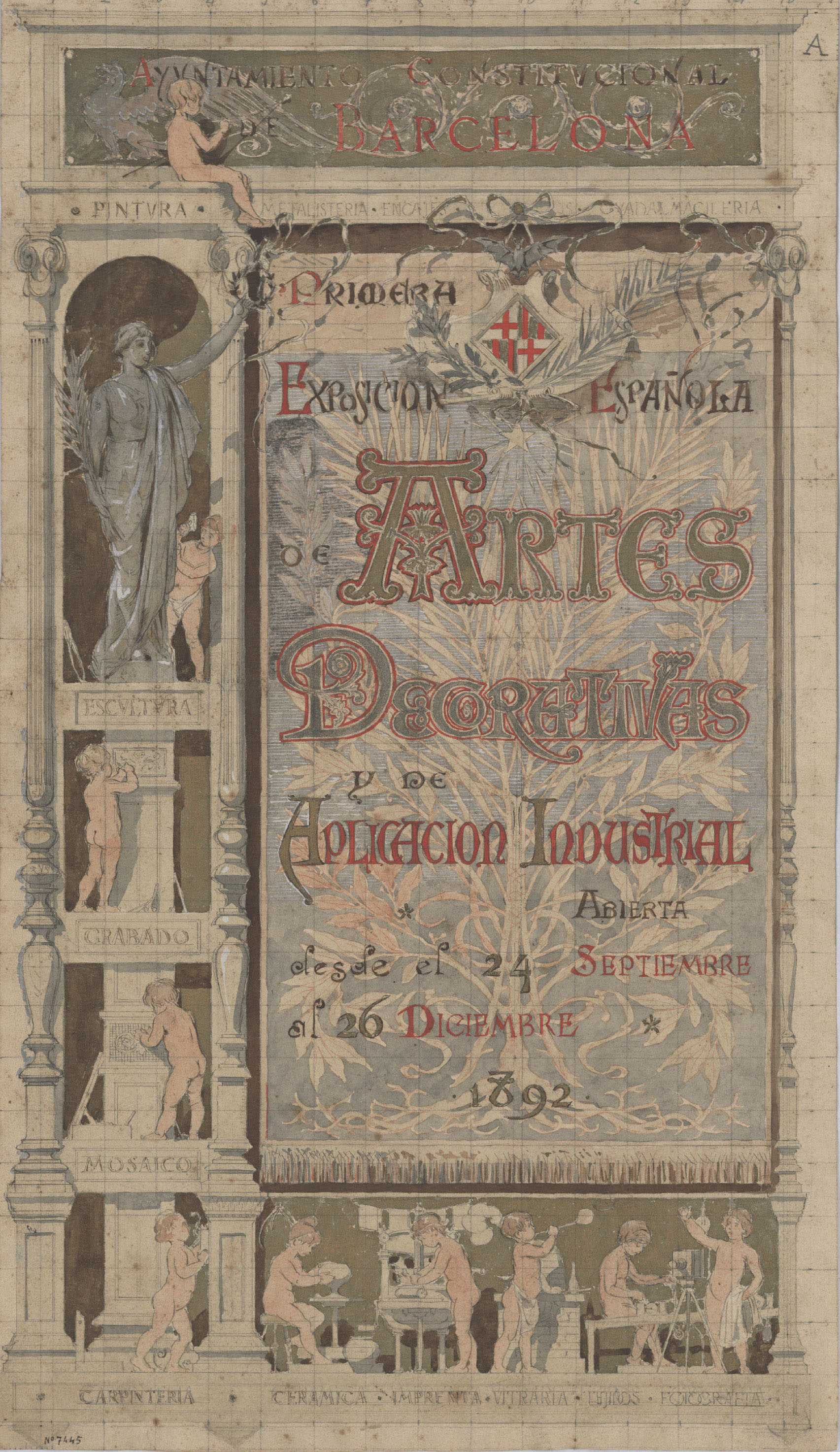 image for: Josep Lluís Pellicer - Projecte per al cartell de la «Primera Exposición Nacional de Industrias Artísticas y Artes Decorativas» - Cap a 1892