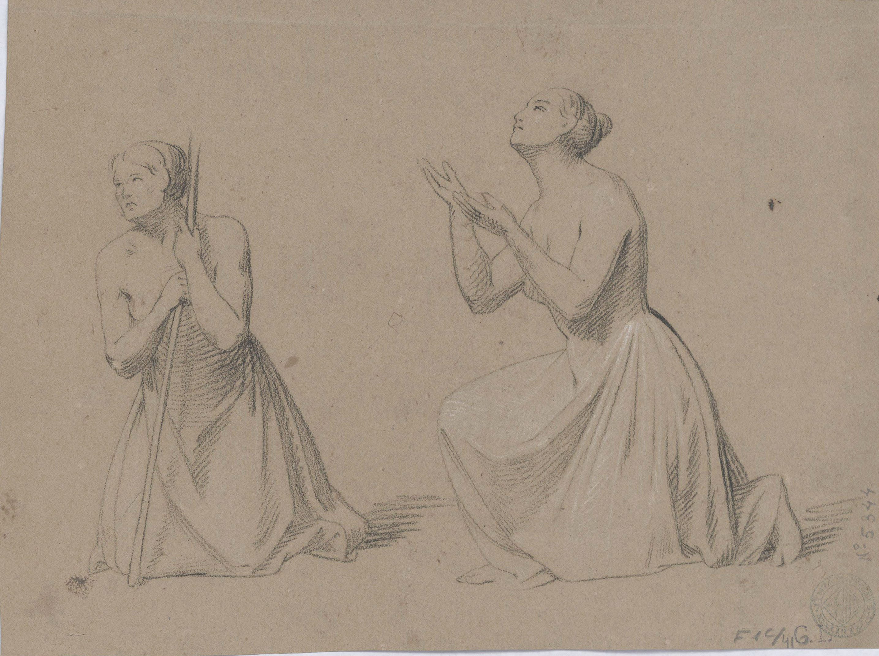 image for: Claudi Lorenzale - Nu masculí en actitud de pregària (anvers) / Estudi de figures femenines (revers) - Cap a 1860-1870 [1]