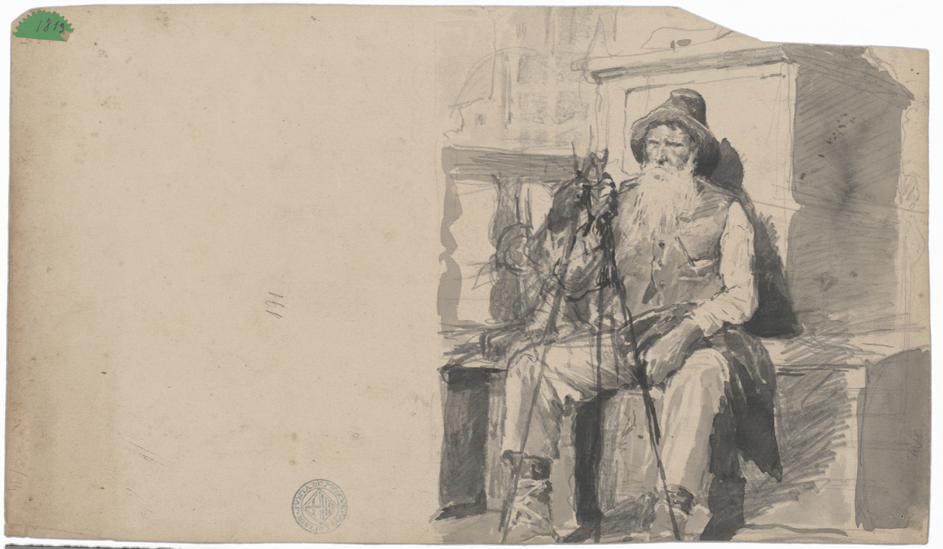 image for: Josep Lluís Pellicer - Estudi de soldats ferits o morts (anvers) / Home vell assegut (revers) - Cap a 1872-1876 [1]