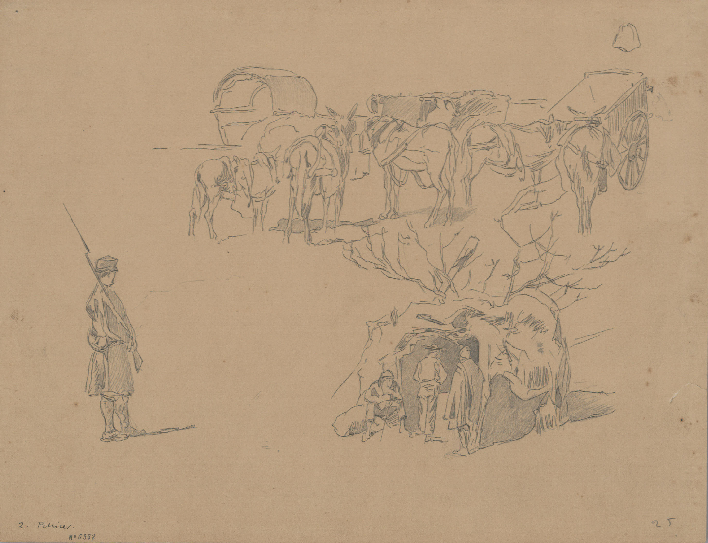 image for: Josep Lluís Pellicer - Soldats i cavalls descansant - Cap a 1872-1876