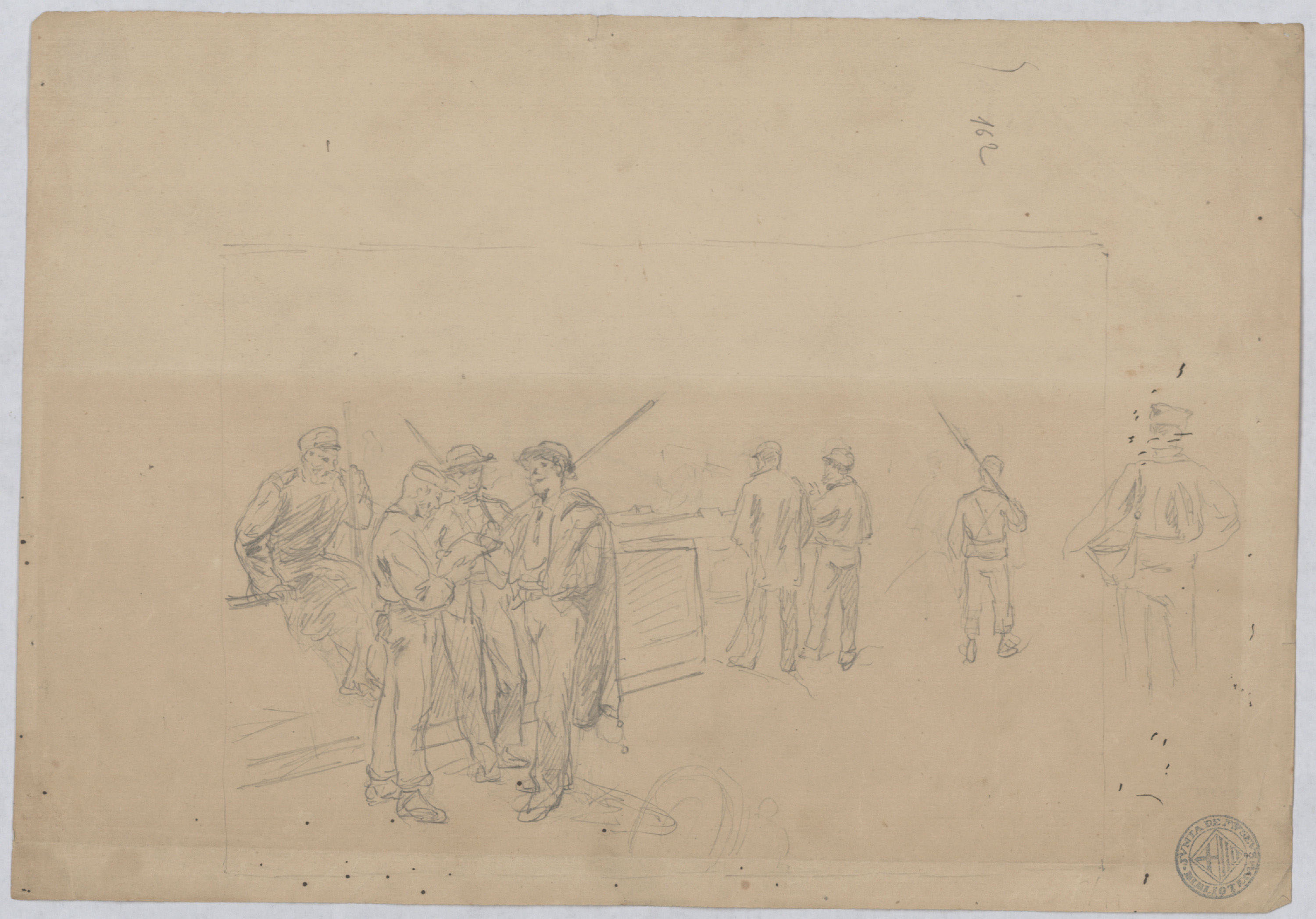 image for: Josep Lluís Pellicer - Apunts de soldats (anvers) / Apunt de paisatge (revers) - Cap a 1872-1876