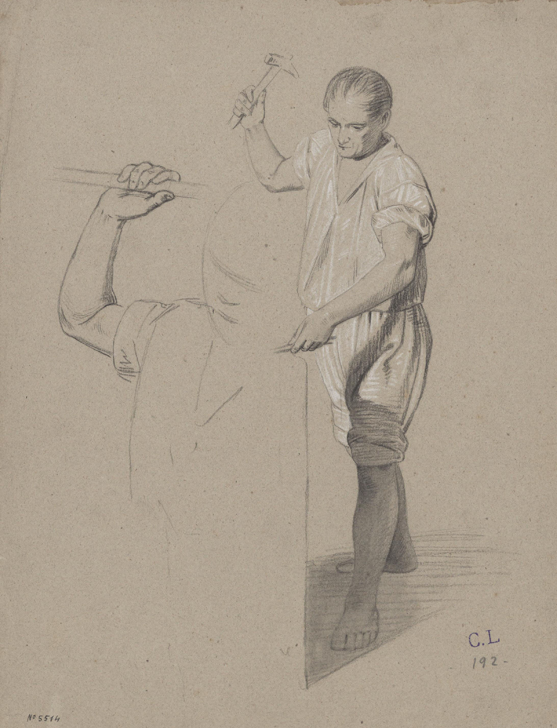 Claudi Lorenzale - Ferrer a l'enclusa i estudi de la mà dreta que empunya el martell - Cap a 1860-1880 image for: Claudi Lorenzale - Ferrer a l'enclusa i estudi de la mà dreta que empunya el martell - Cap a 1860-1880