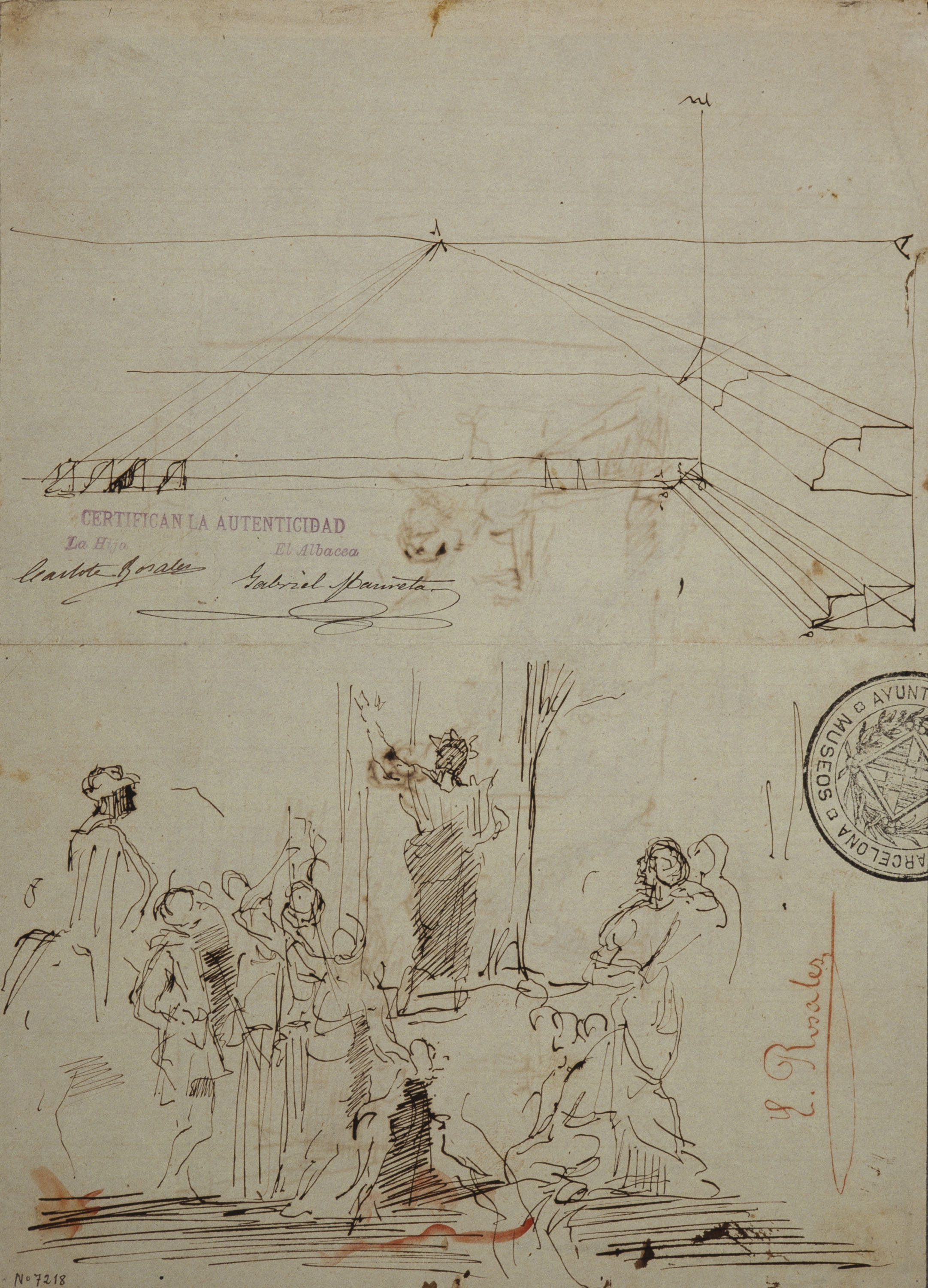 image for: Eduardo Rosales - Motllures en perspectiva i Homer al Parnàs (anvers) / Duel entre dos cavallers en un banquet (revers) - Cap a 1868-1869